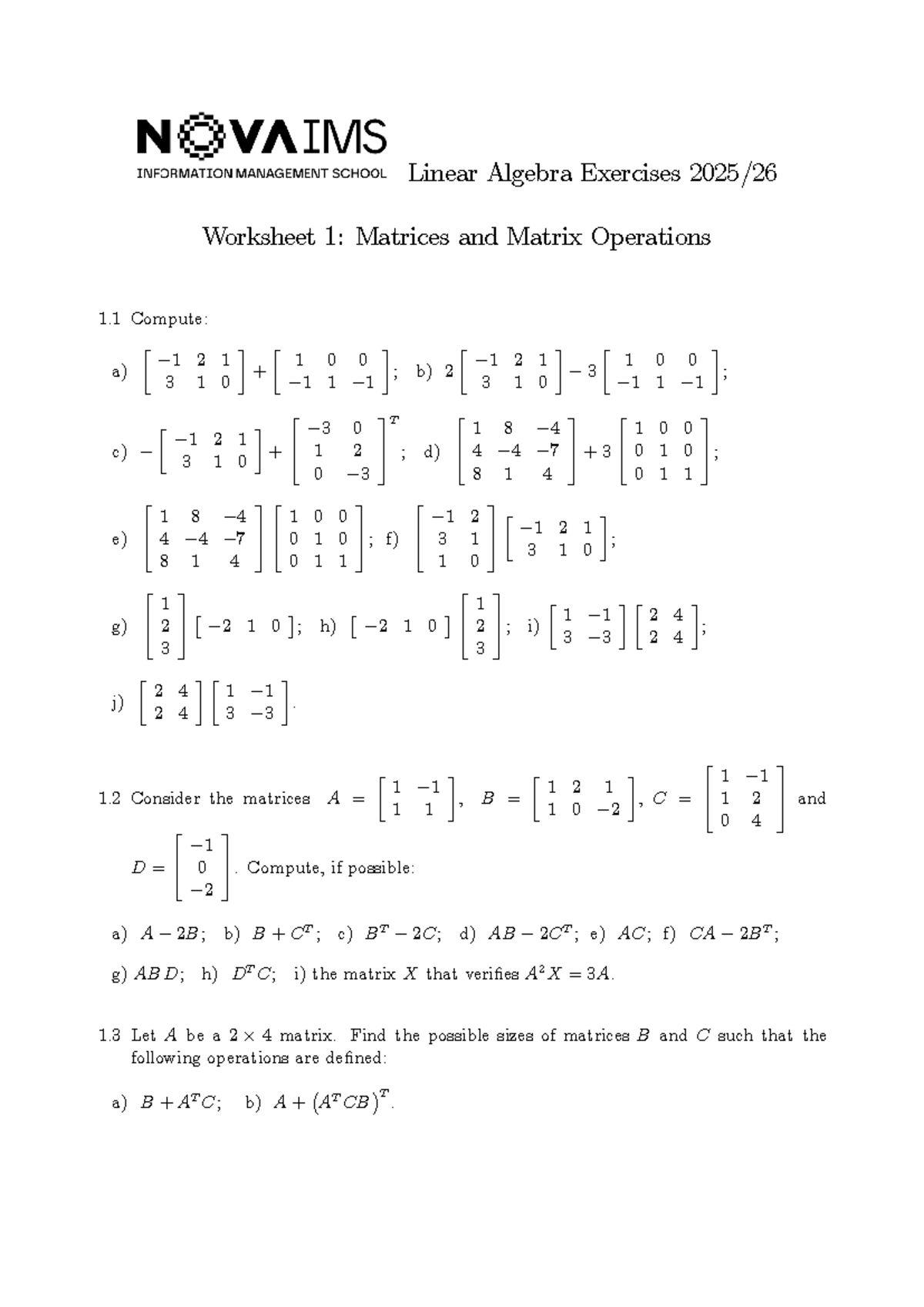Linear Algebra (MATH101) Exercises Worksheet 1: Matrices & Operations ...