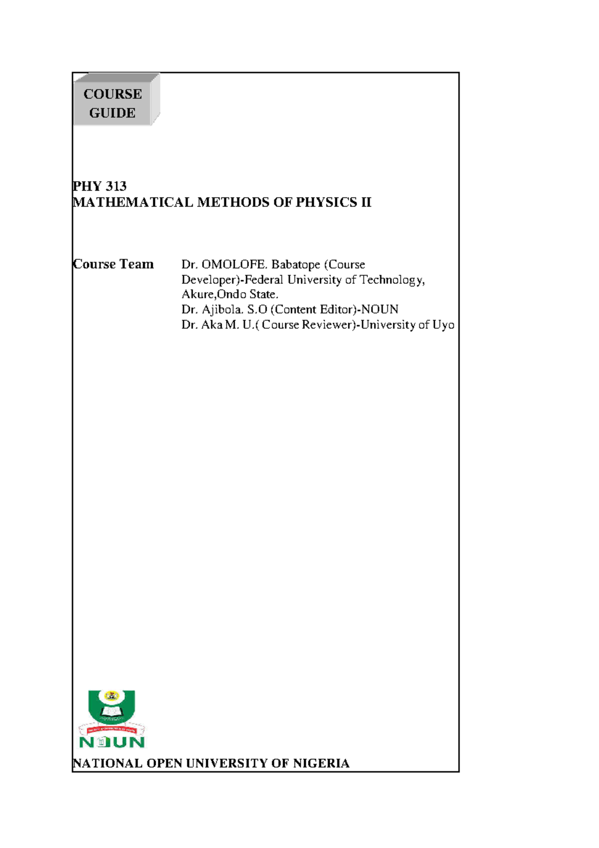 Mathematical Methods in Physics II - Course Guide (PHY313) - Studocu