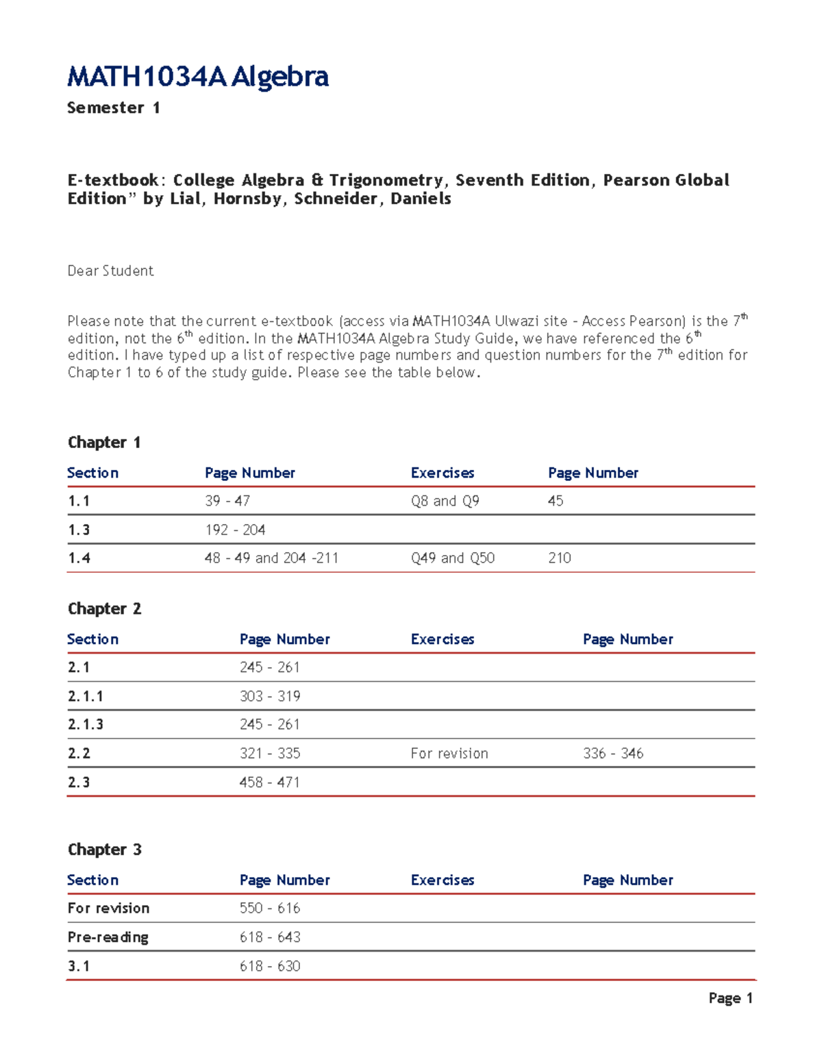 MATH1034A Algebra Sem 1: Page Numbers for 7th Edition Chapters 1-6 ...