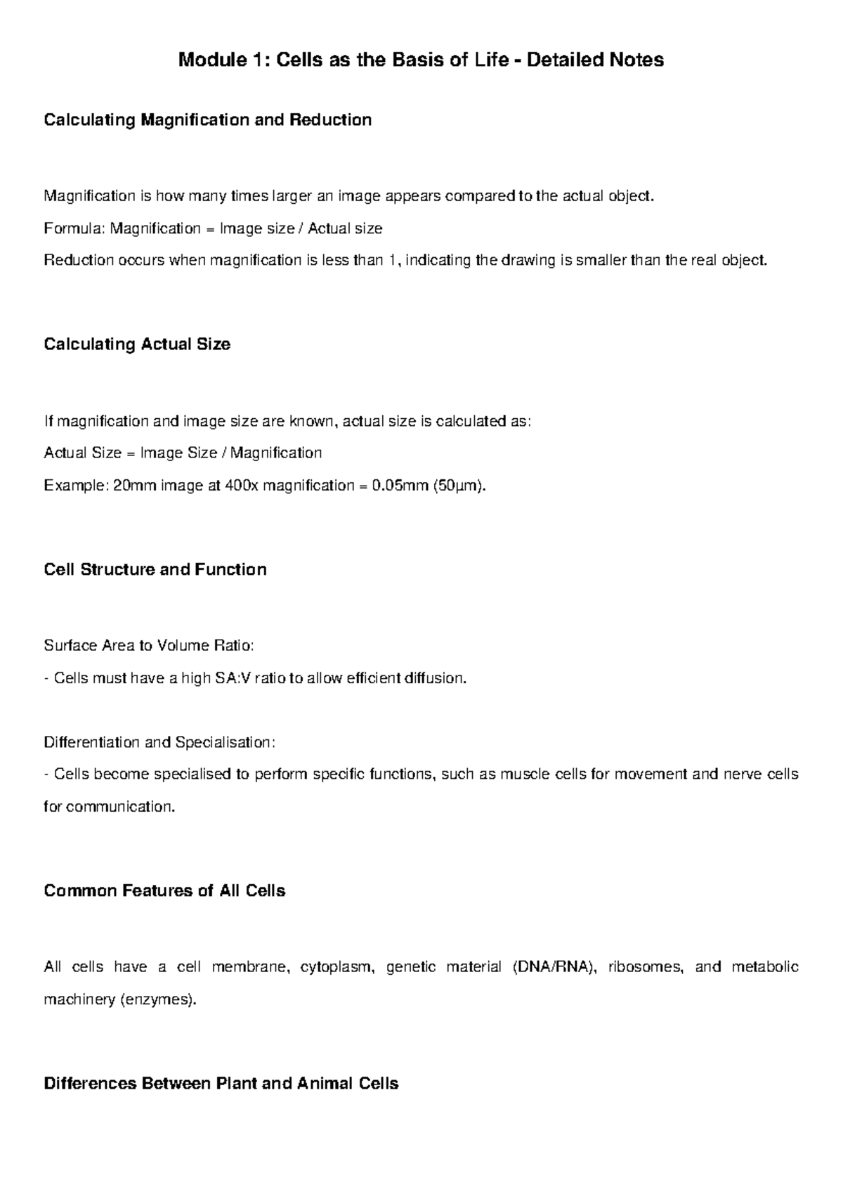 Bio 101: Module 1 - Cells as the Basis of Life Detailed Notes - Studocu