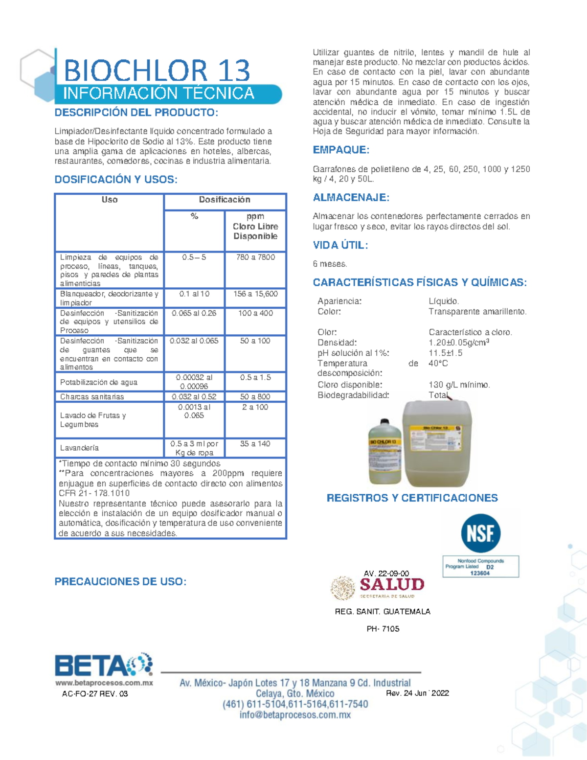 FT Biochlor 13: Información Técnica y Usos del Producto - Studocu