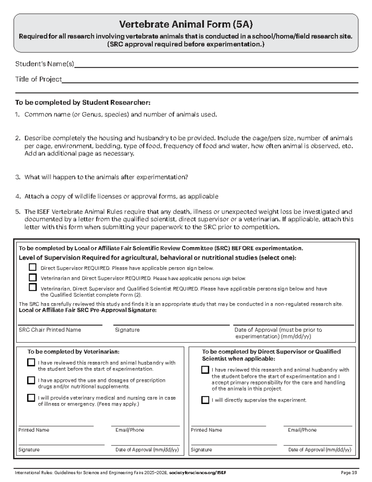 5A - Vertebrate Animal Research Approval Form for SRC - Studocu