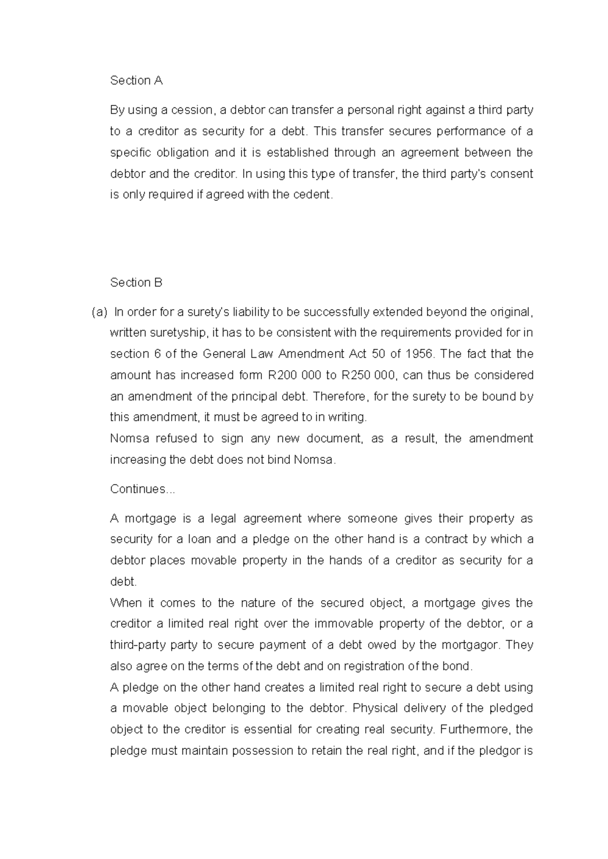 Law of Specific Contracts: Section A & B Analysis - Studocu