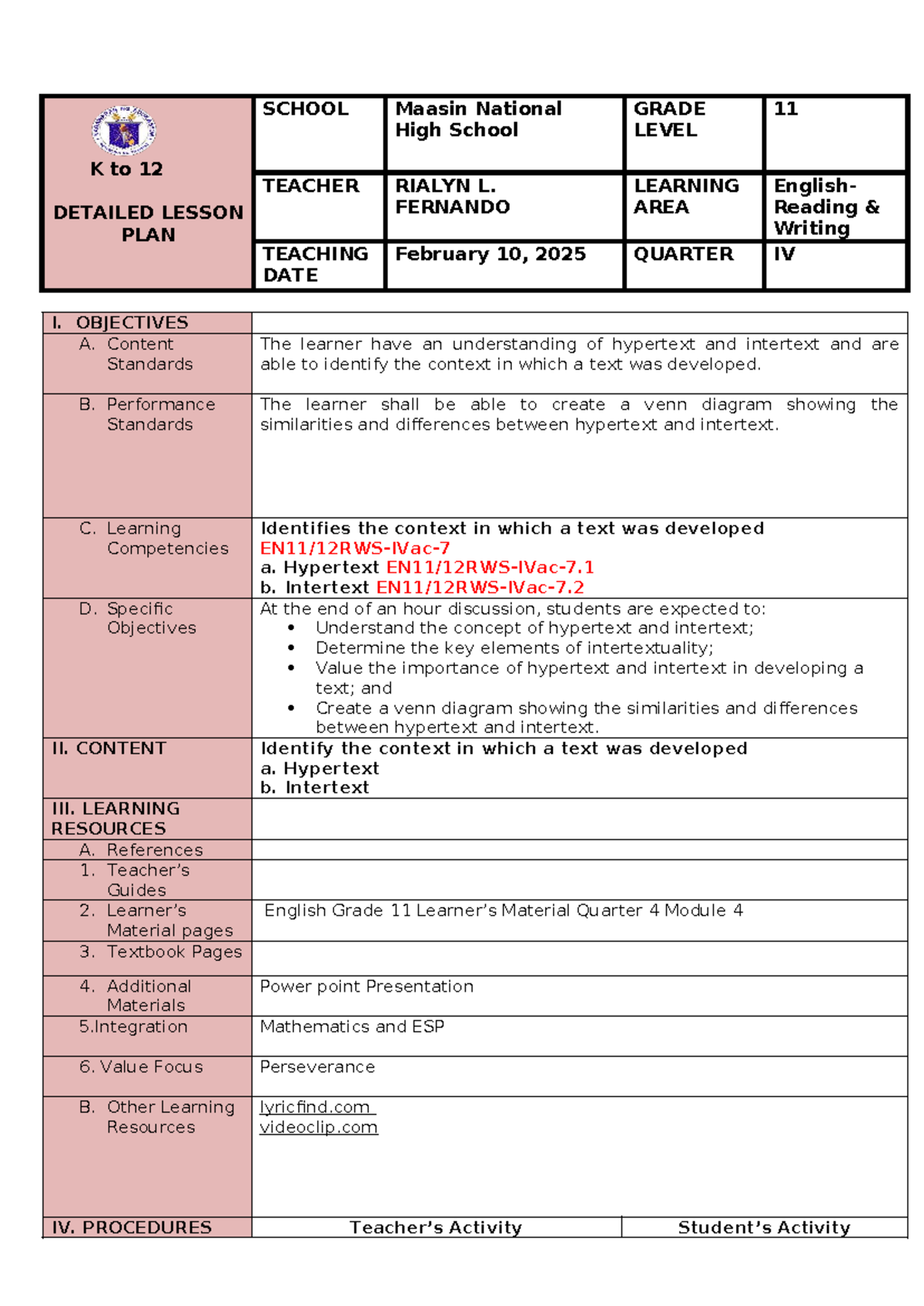 DLP English 11 Lesson Plan: Understanding Hypertext & Intertext - Studocu