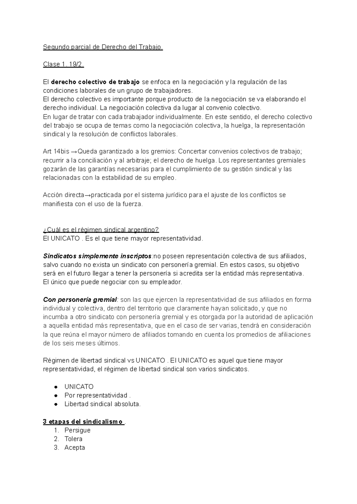 Resumen del Segundo Parcial de Derecho del Trabajo - Clase 1 y 4 - Studocu