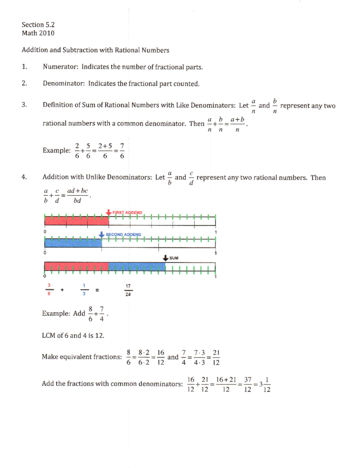 Section 5.2 Math 2010 Spring 2015 - Section 5 Math 2010 Addition and ...