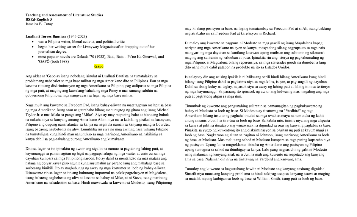 LIT 3 Reviewer: Key Themes and Analysis of Filipino Literature - Studocu