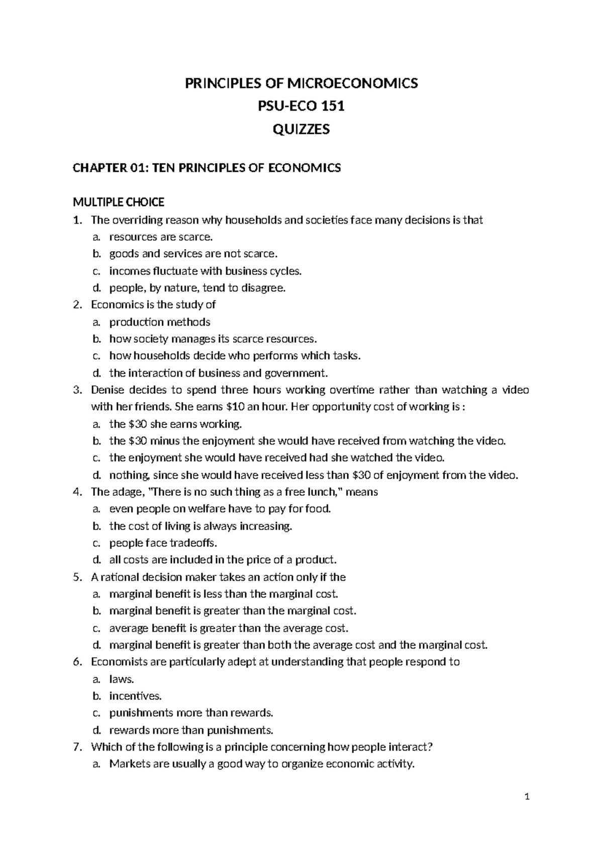 CHAPTER 01: TEN PRINCIPLES OF ECONOMICS - MULTIPLE CHOICE QUESTIONS ...