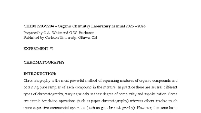 CHEM 2025-2026 Organic Chemistry Lab Manual: Chromatography Experiment ...