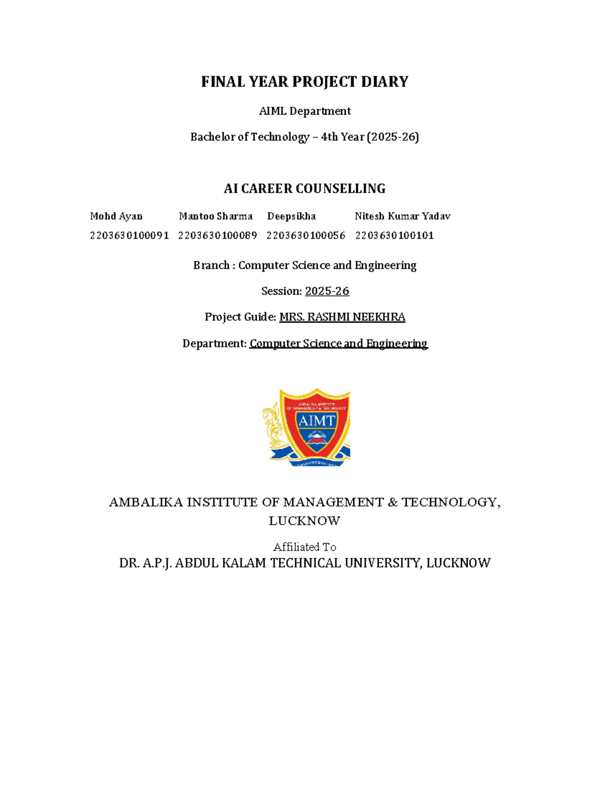 FINAL YEAR PROJECT DIARY: AI Career Counselling (B.Tech CSE) - Studocu