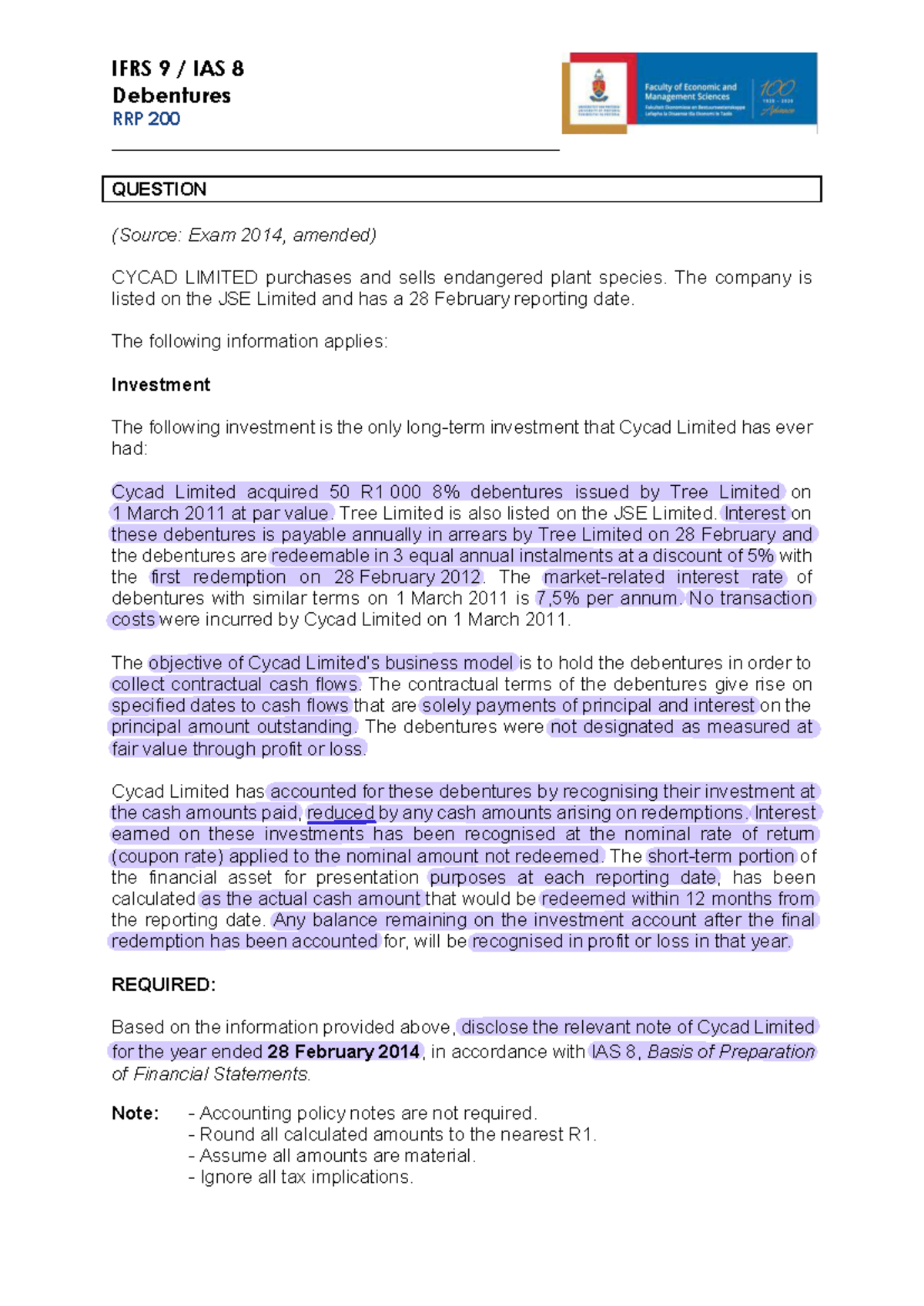 CYCAD LIMITED IFRS 9 & IAS 8 Debentures Note for 2014 Exam - Studocu