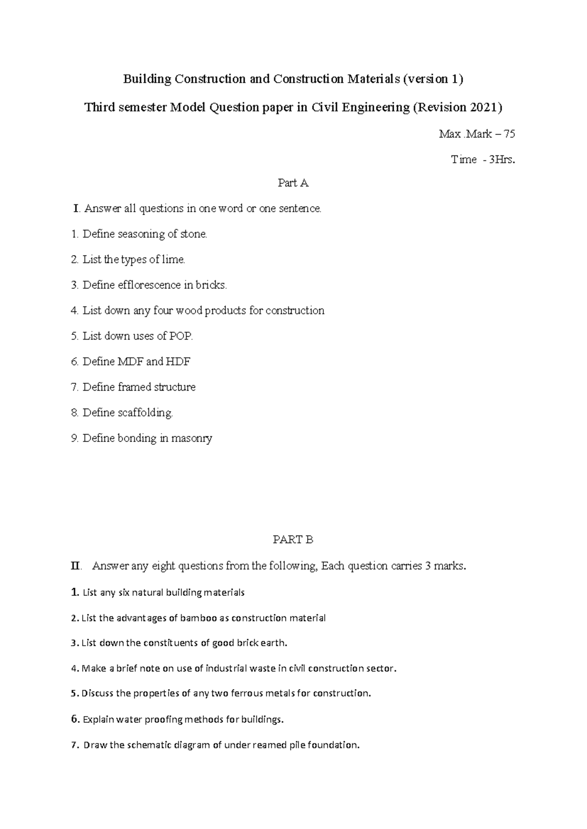 3013 - Model Question Paper for Building Construction & Materials - Studocu