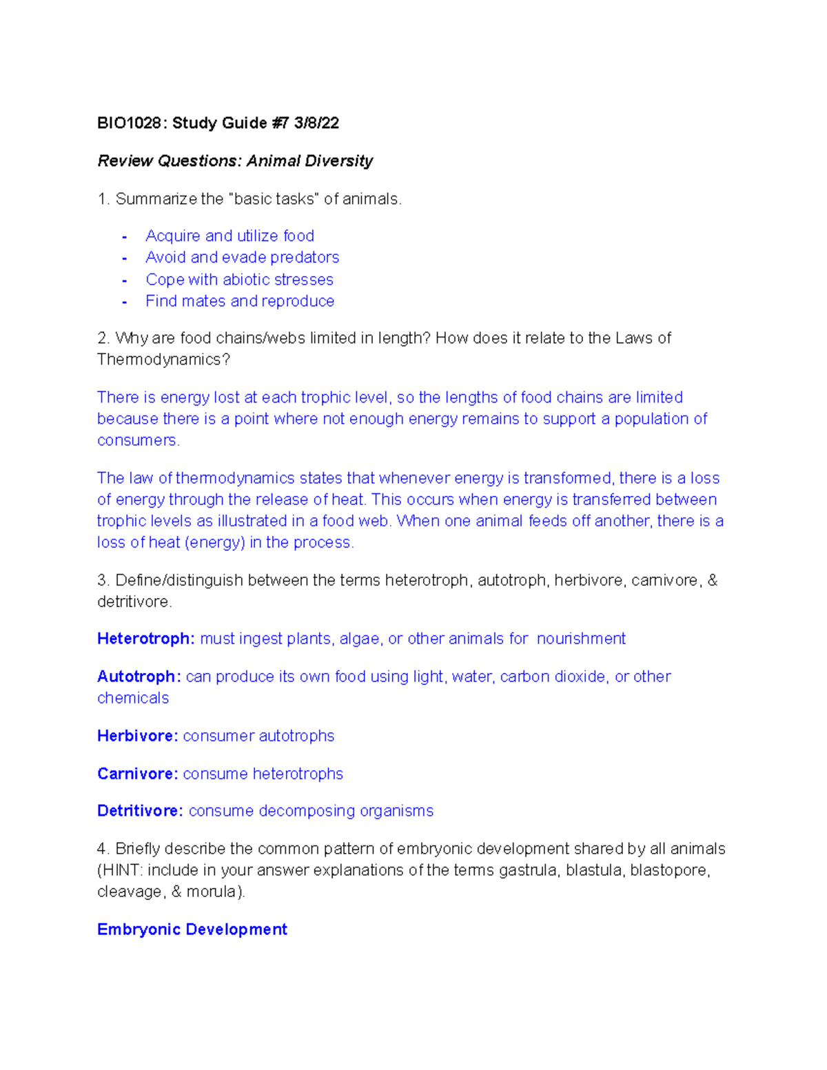 BIO1028: Study Guide #7 - Animal Diversity Overview and Key Concepts ...
