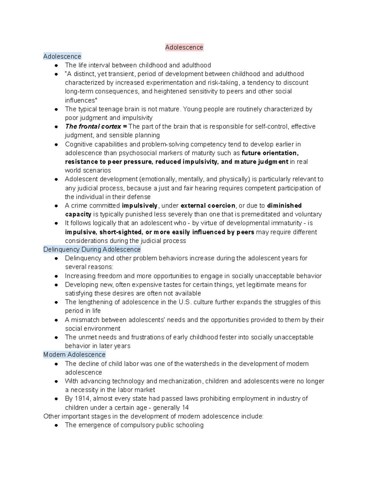Adolescence - PSY 201 Lecture Notes on Developmental Changes - Studocu