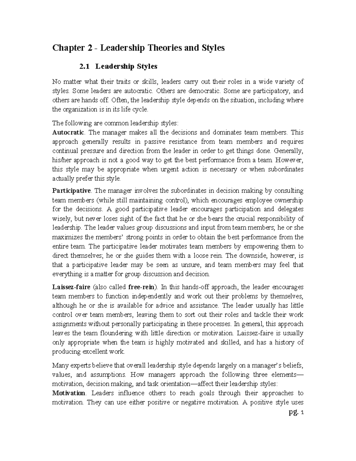 Leadership Theories and Styles: Chapter 2 Overview - Studocu