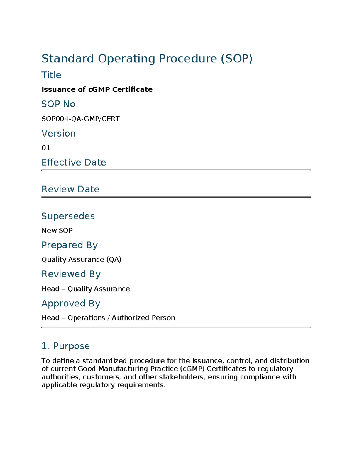 Issuance of cGMP Certificate SOP - SOP004-QA-GMP Cert - Studocu