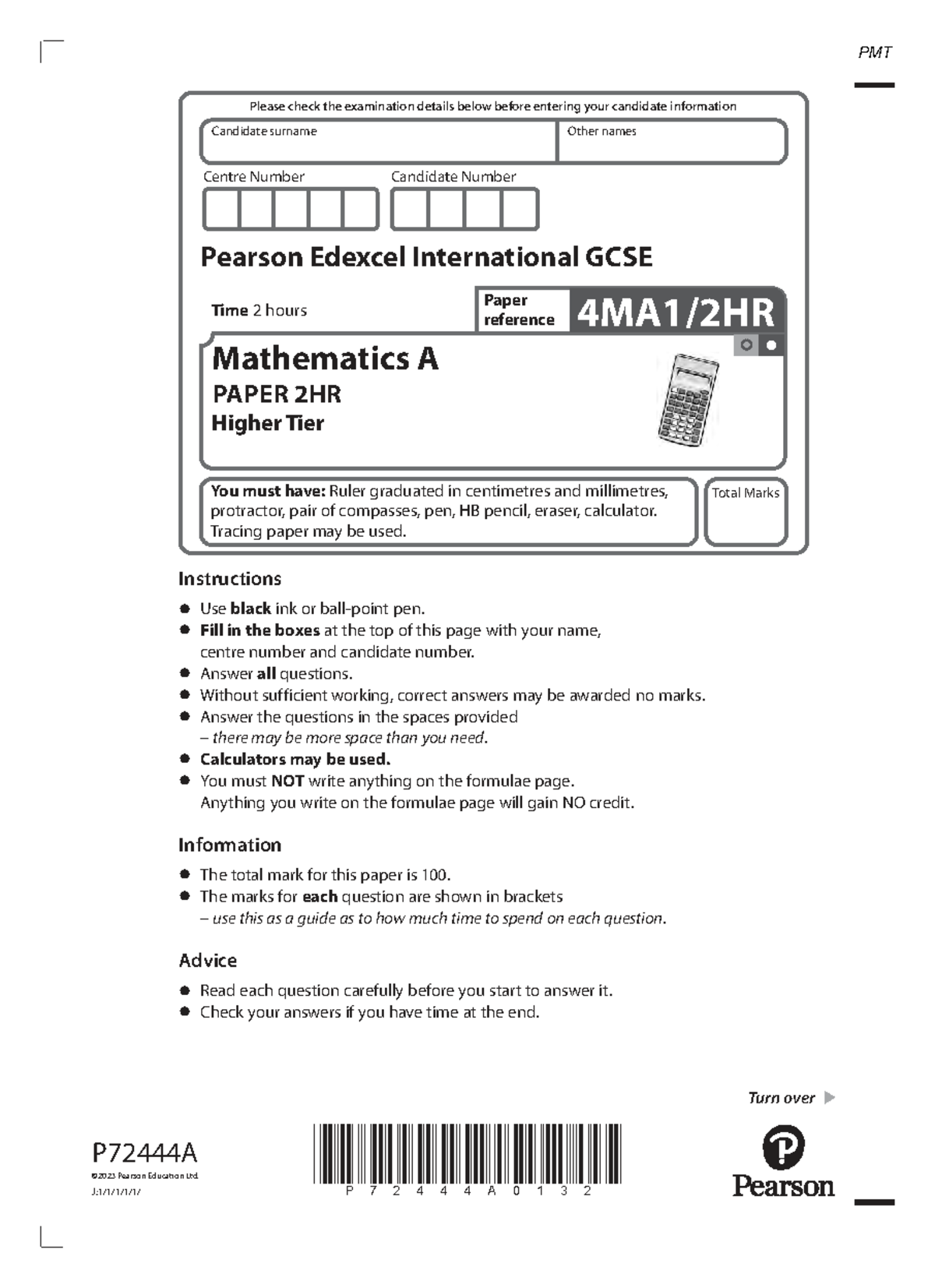 International GCSE Mathematics A Paper 2HR Exam Instructions - Jan 2023 ...