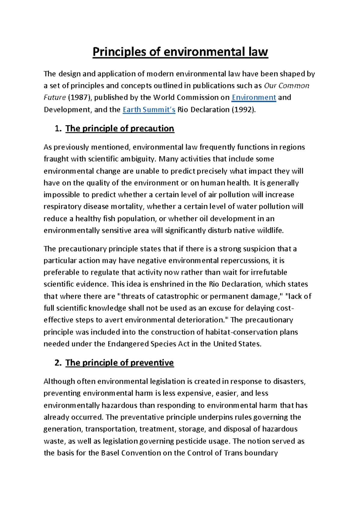 Principles of Environmental Law: Key Concepts and Implications - Studocu