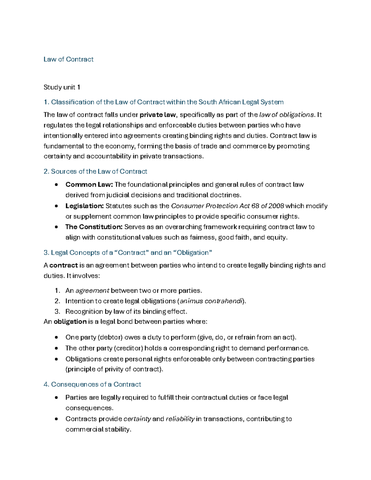 Law of Contract: Study Unit 1 Overview - Studocu