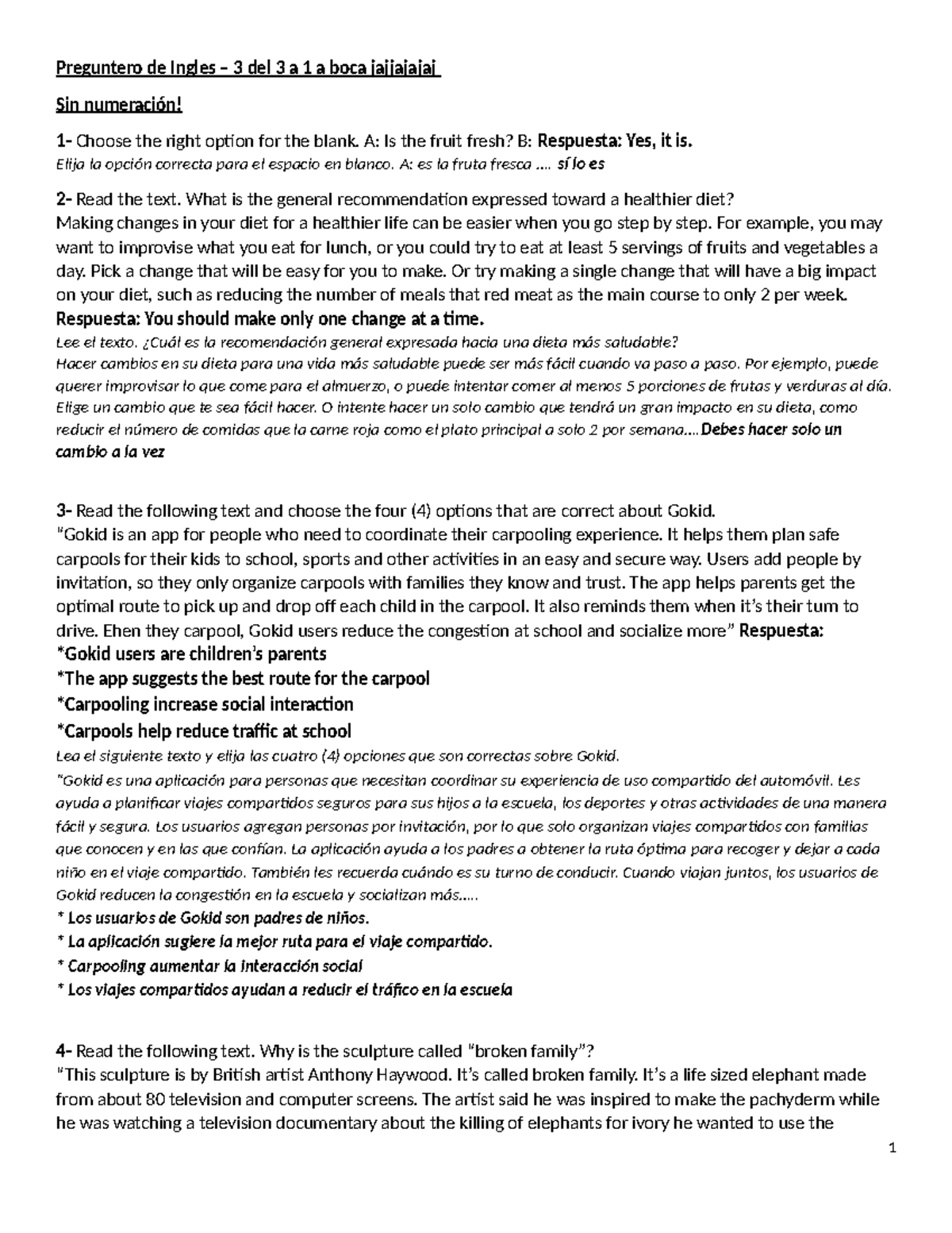 Preguntas y Respuestas de Inglés - Prueba de Comprensión 3 (Inglés) - Document Preview