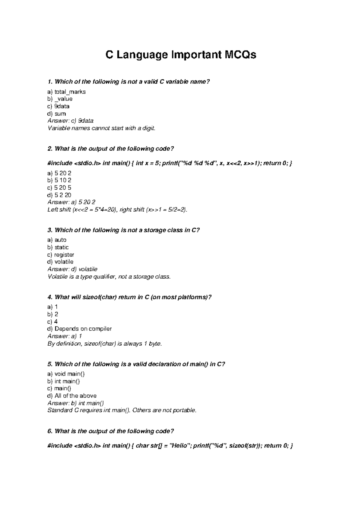 C Language MCQs: Key Questions and Answers for Exam Prep - Studocu