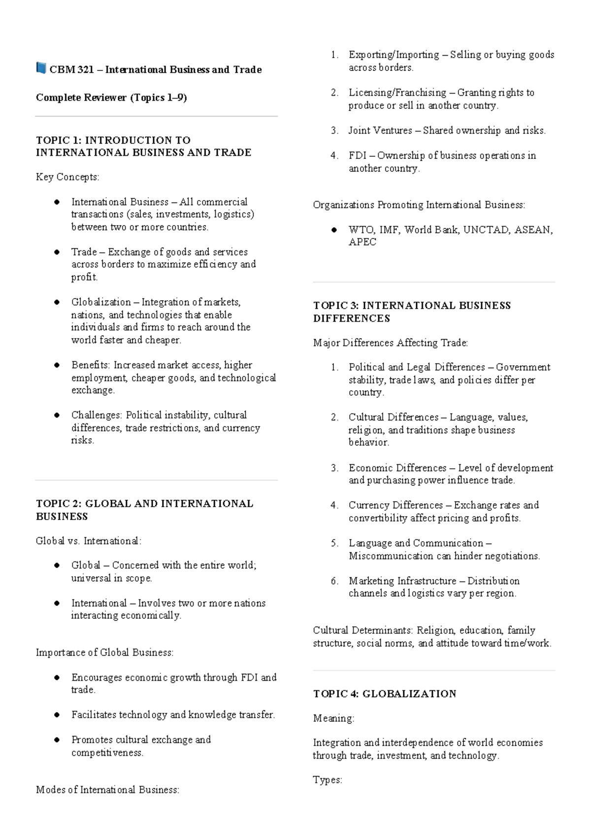 CBM 321 International Business and Trade Final Exam Reviewer Guide ...
