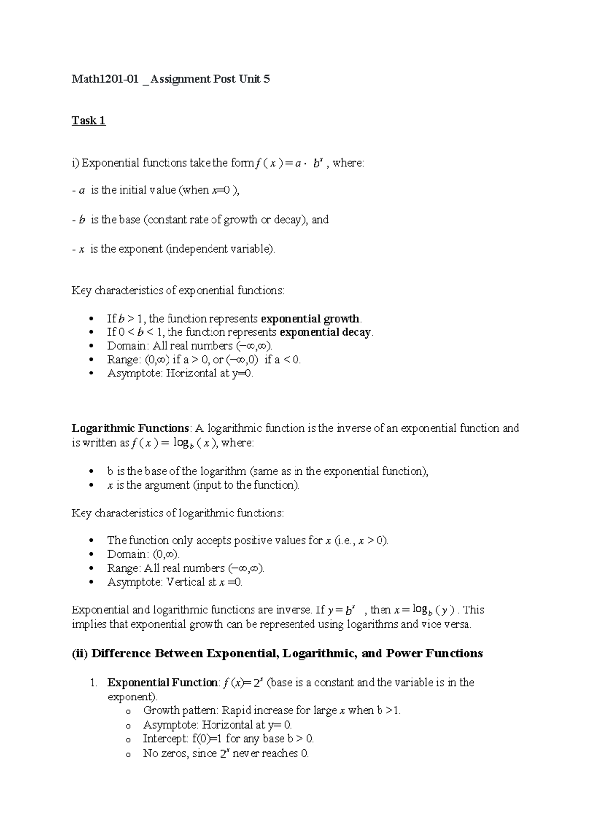 Math 1201 Assignment: Understanding Exponential & Logarithmic Functions ...