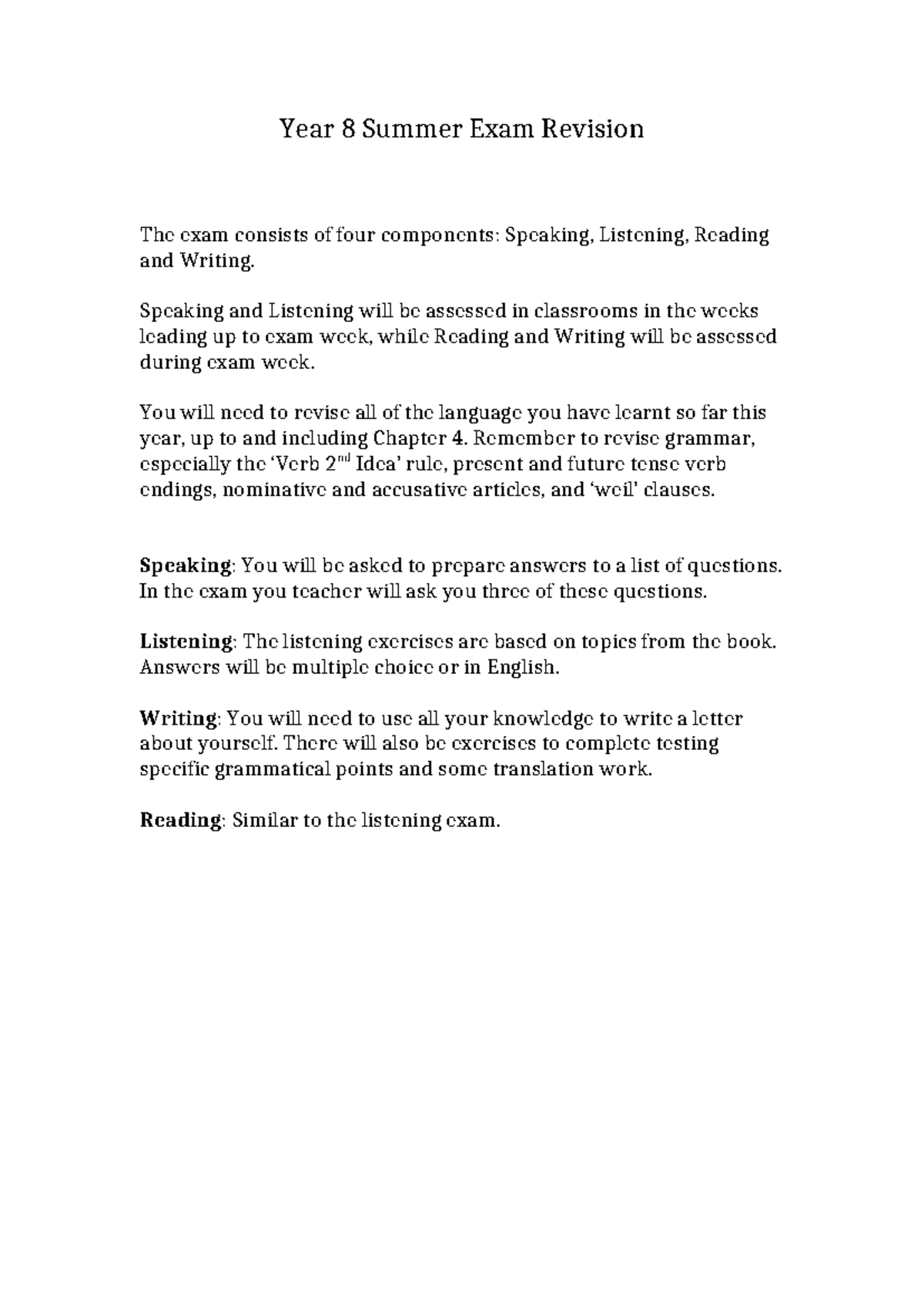 Year 8 German Summer Exam Revision Guide: Key Components & Tips - Studocu