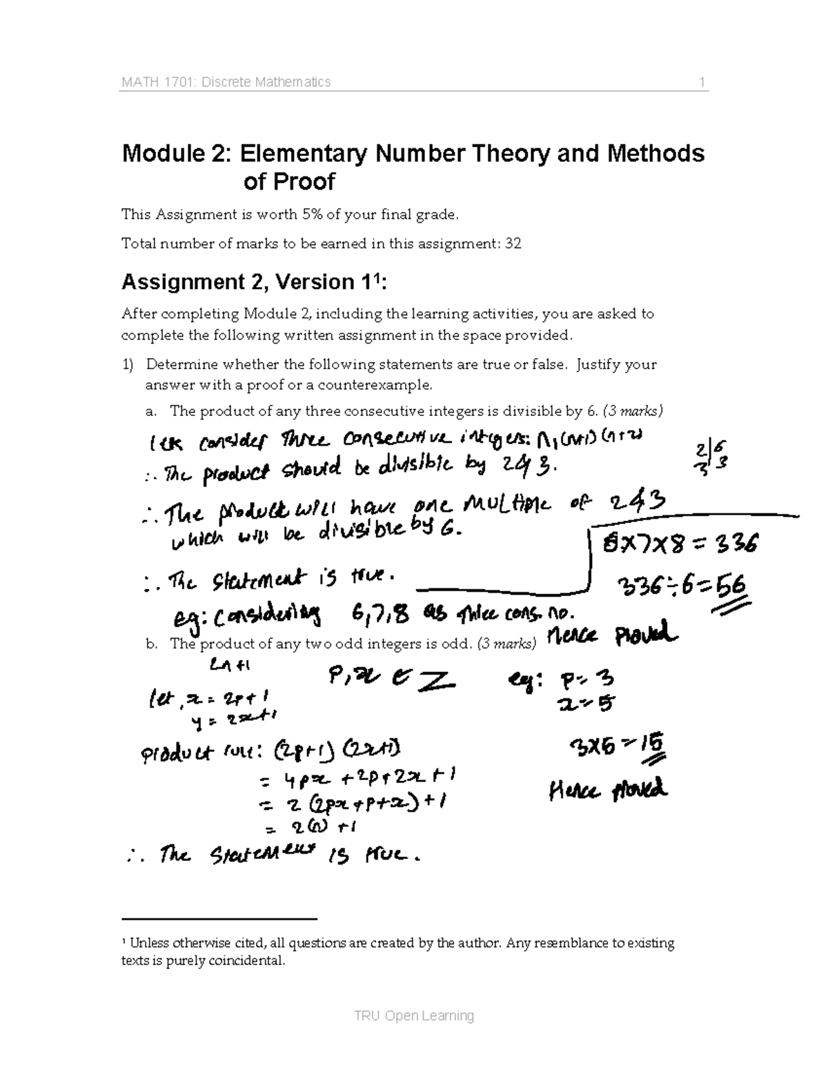 MATH 1701: Discrete Mathematics 1 - Assignment 2 on Number Theory - Studocu