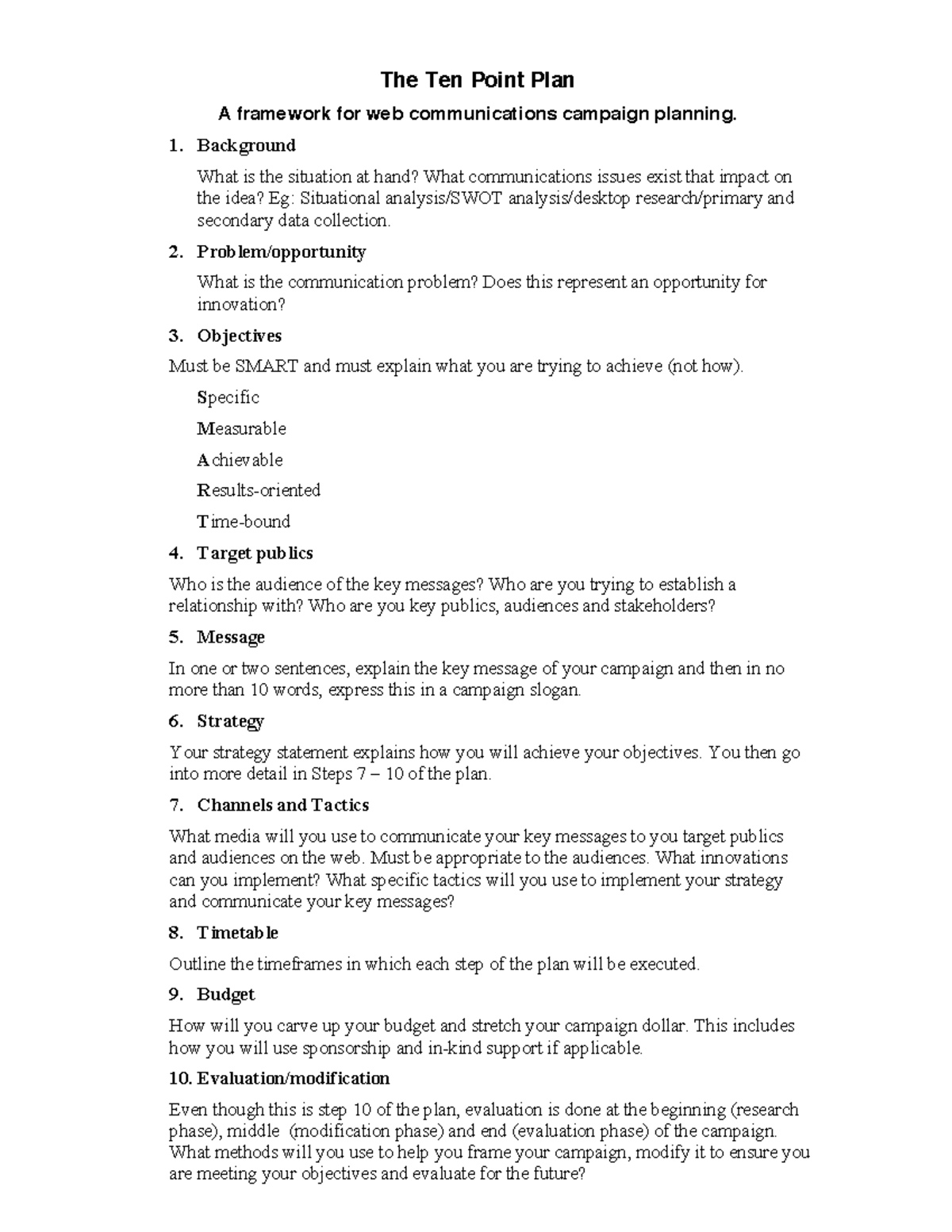 The Ten Point Plan for Web Communications Campaign Planning - Studocu