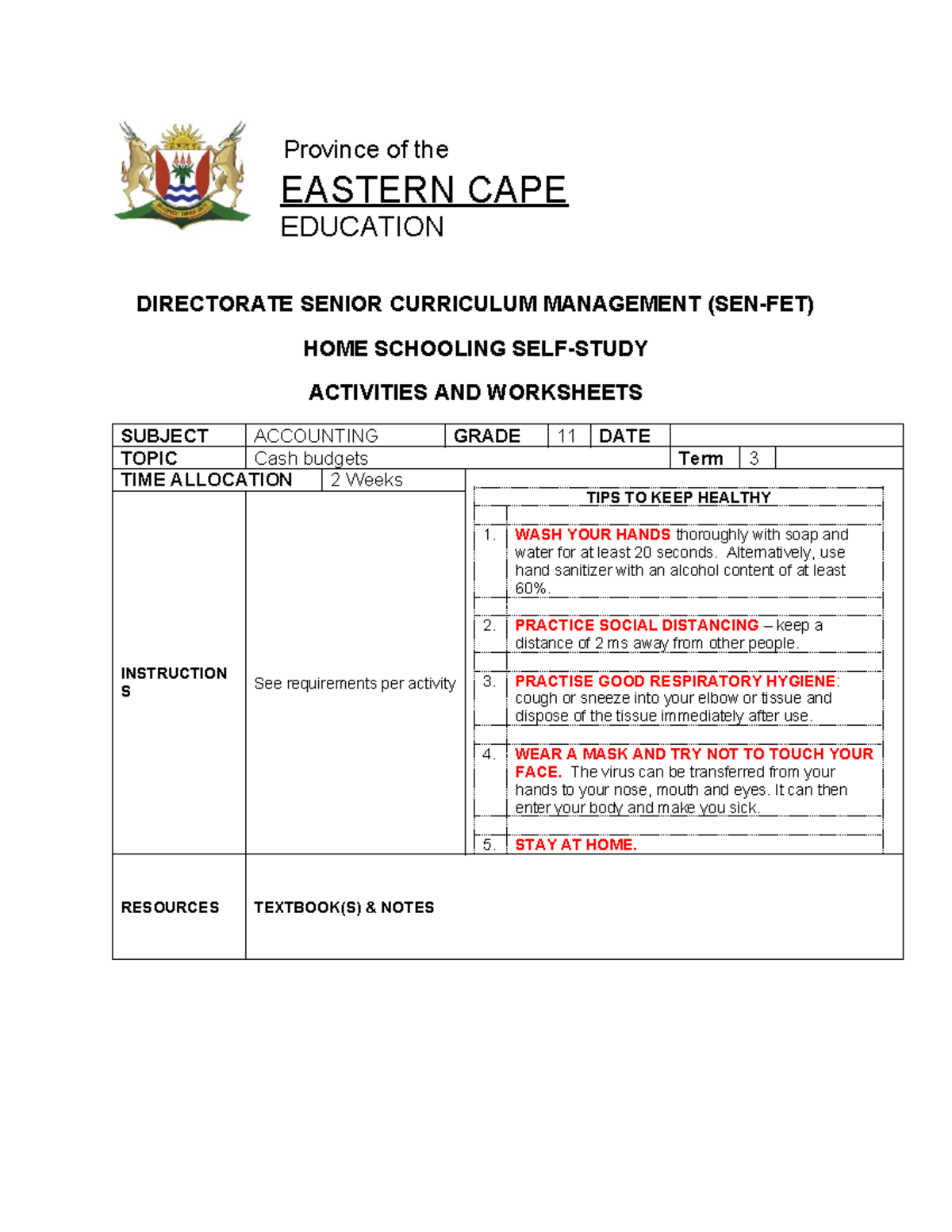 Grade 11 Accounting 1 Cash Budget Manual - Week 13 Activities - Studocu