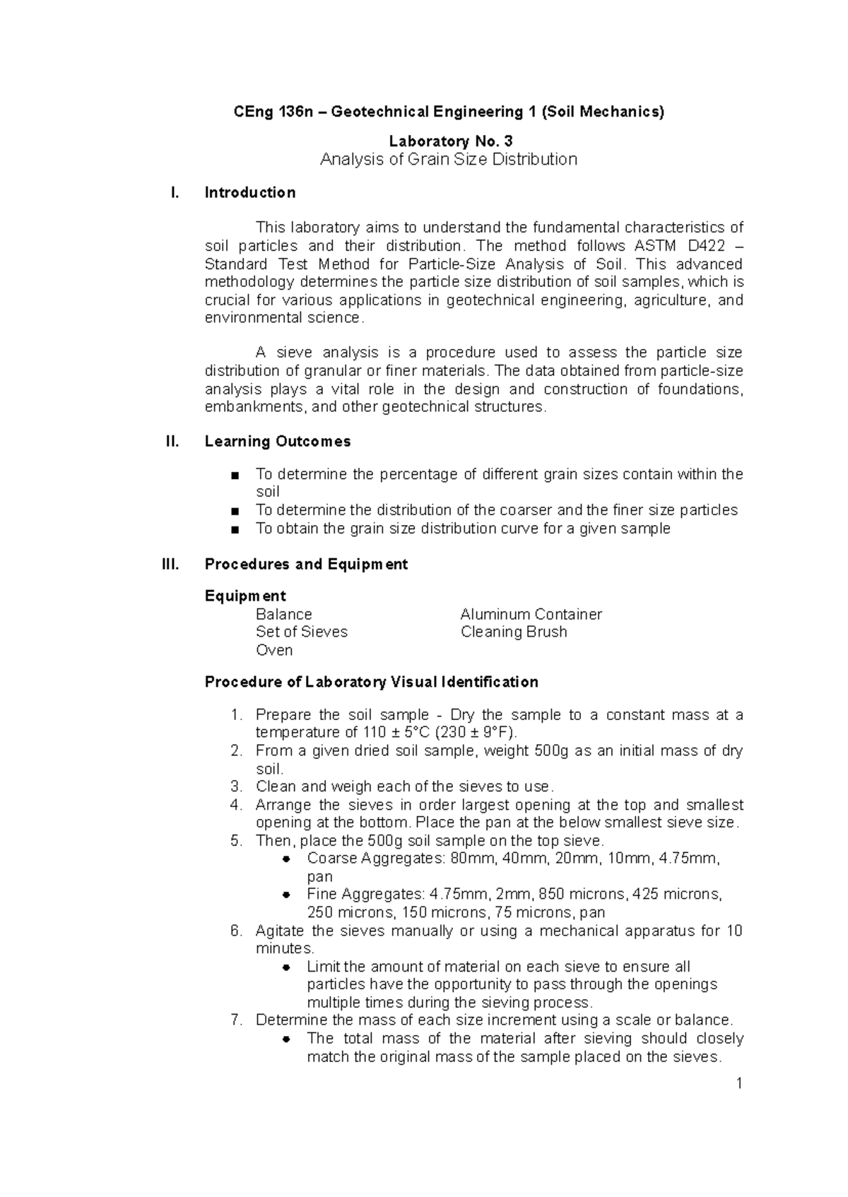 CEng 136n Geotechnical Engineering 1: Sieve Analysis Lab No. 3 Report ...