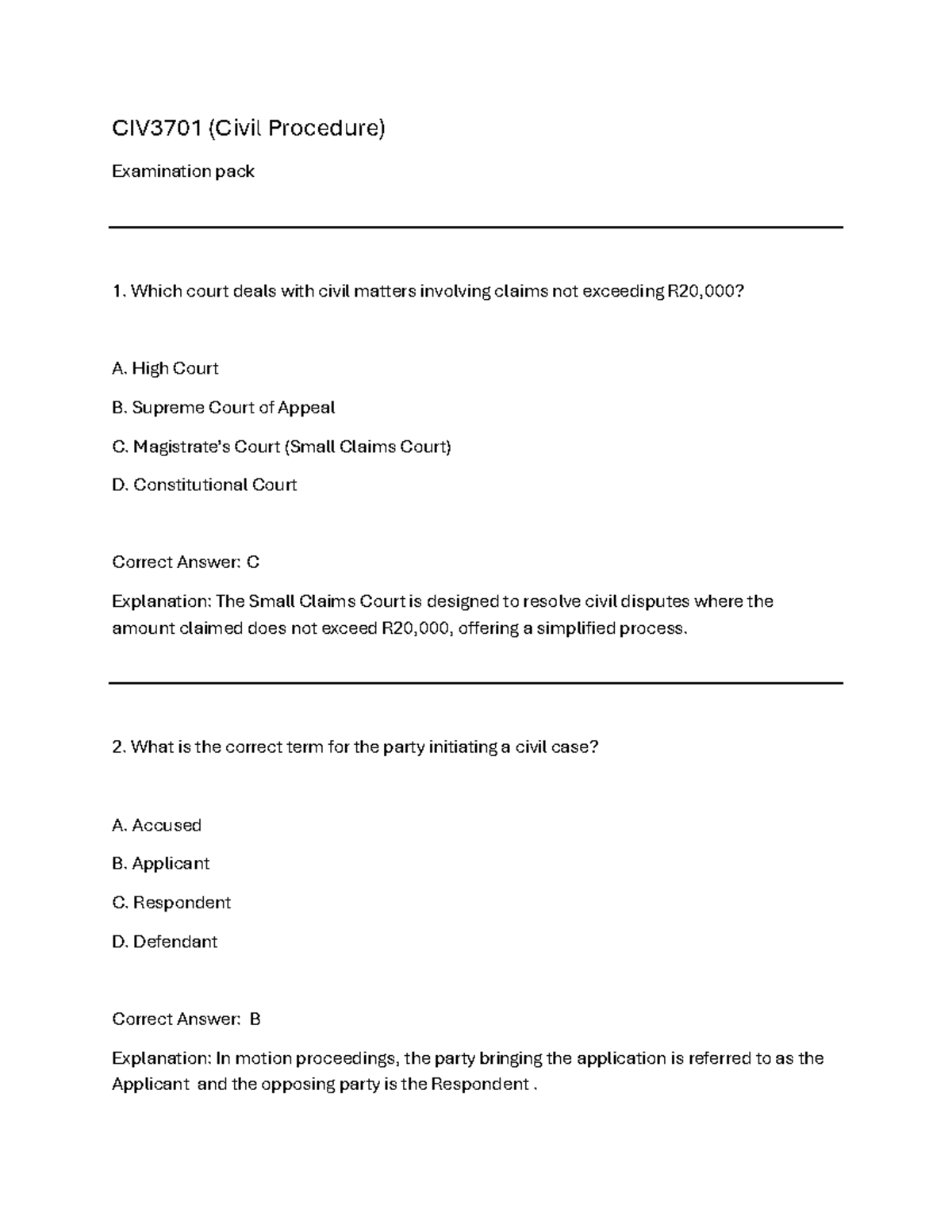 CIV3701 (Civil Procedure) Final Exam Revision Notes - Studocu