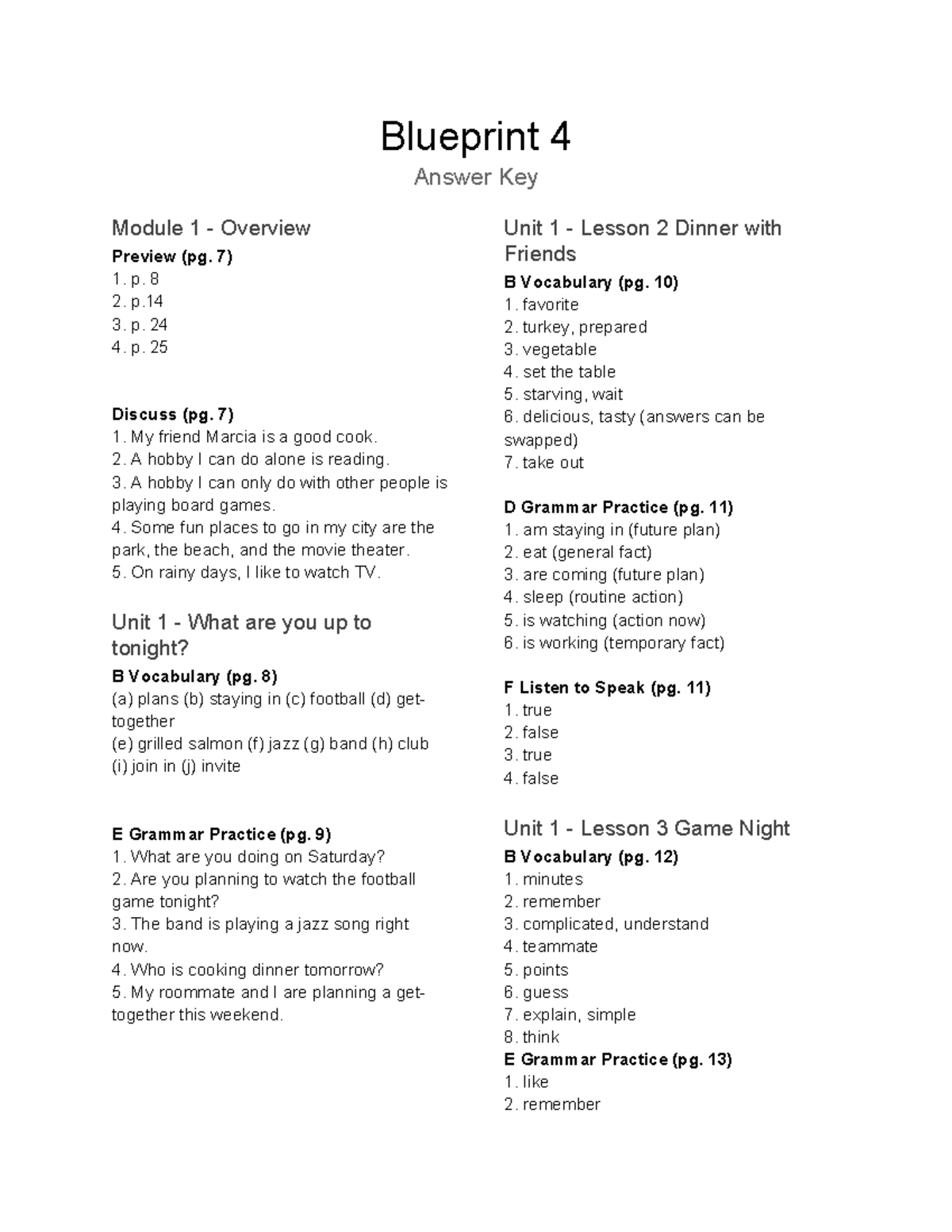 Blueprint 4 Student Book Answer Key: Modules 1-3 Overview - Studocu