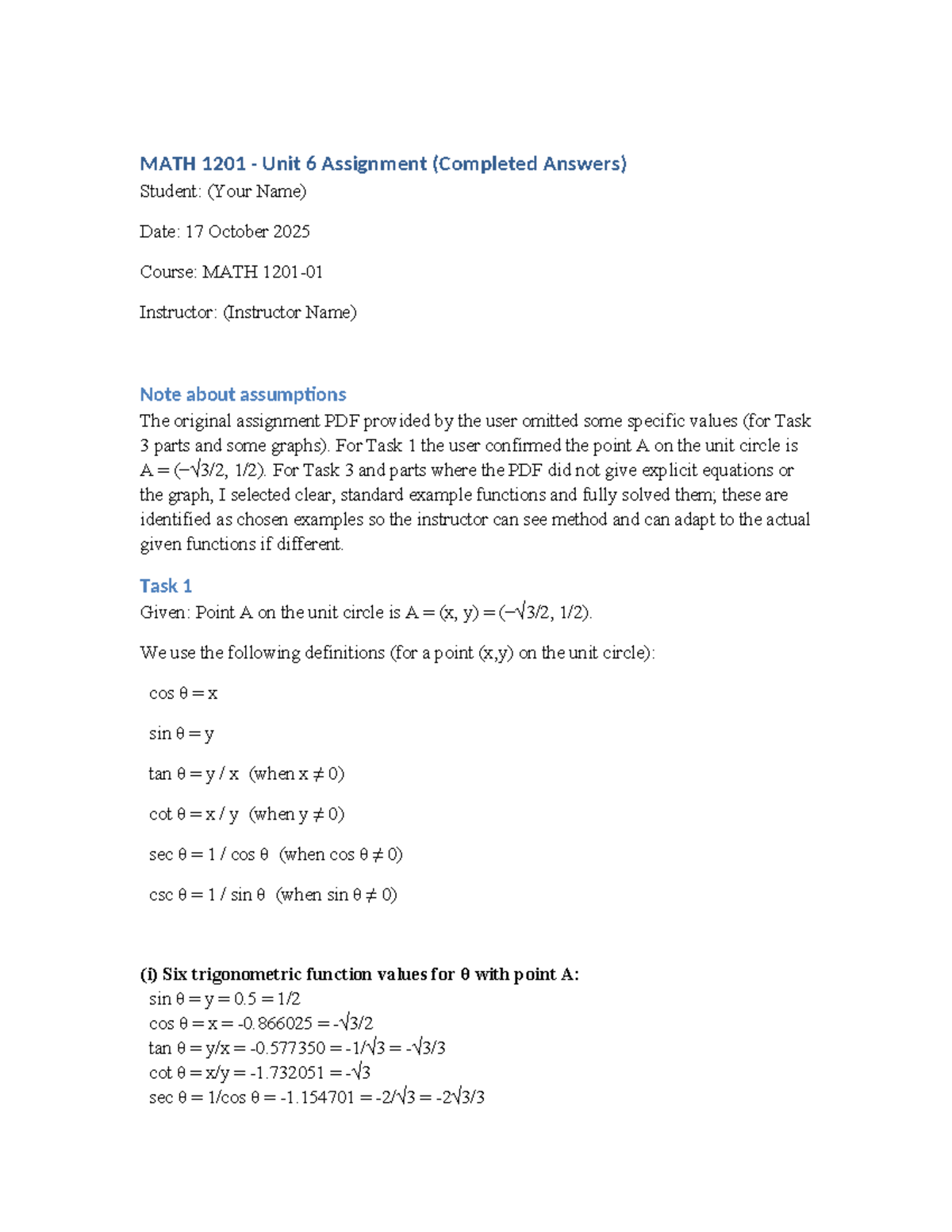 MATH 1201 Unit 6 Assignment Solutions (Completed Answers) - Studocu