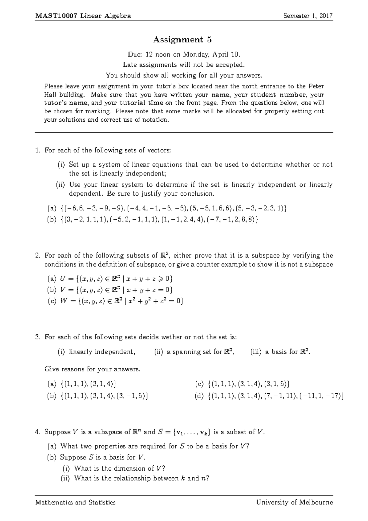 Assignment 5 - linear algebra - Linear Algebra Semester 1, 2017 ...