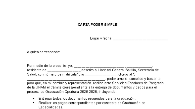 Carta Poder Simple para Trámites de Graduación UNAM - Studocu