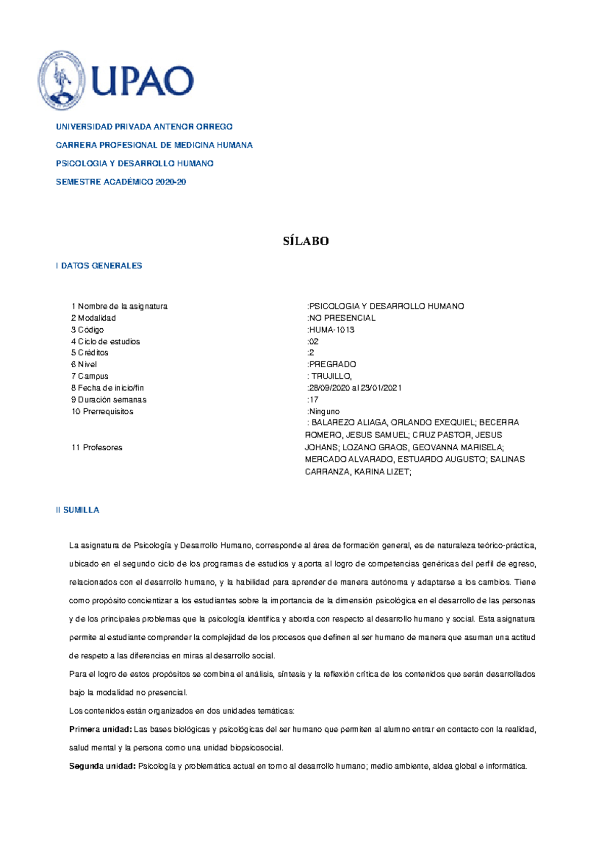 Psicología y Desarrollo Humano - HUMA 1013 - Sílabo 2020-1 - Document Preview
