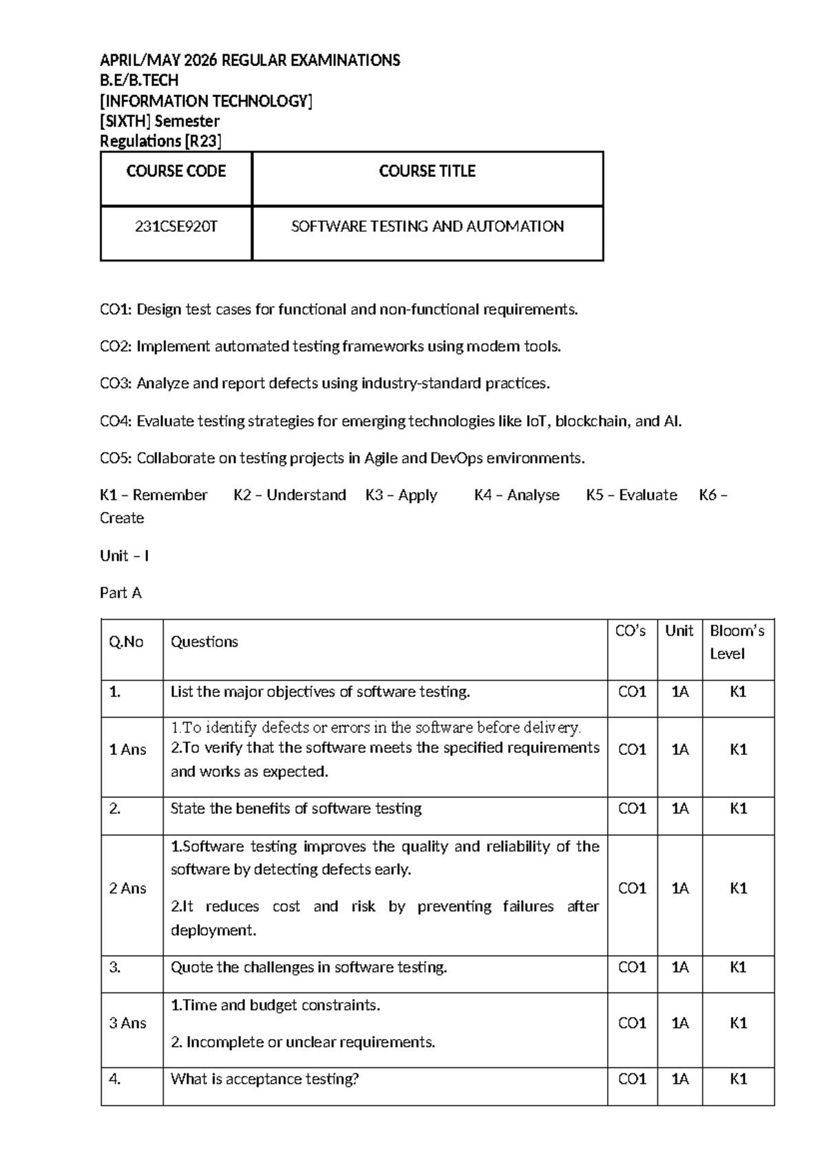 231CSE920T - Software Testing and Automation Final Exam Notes - Studocu
