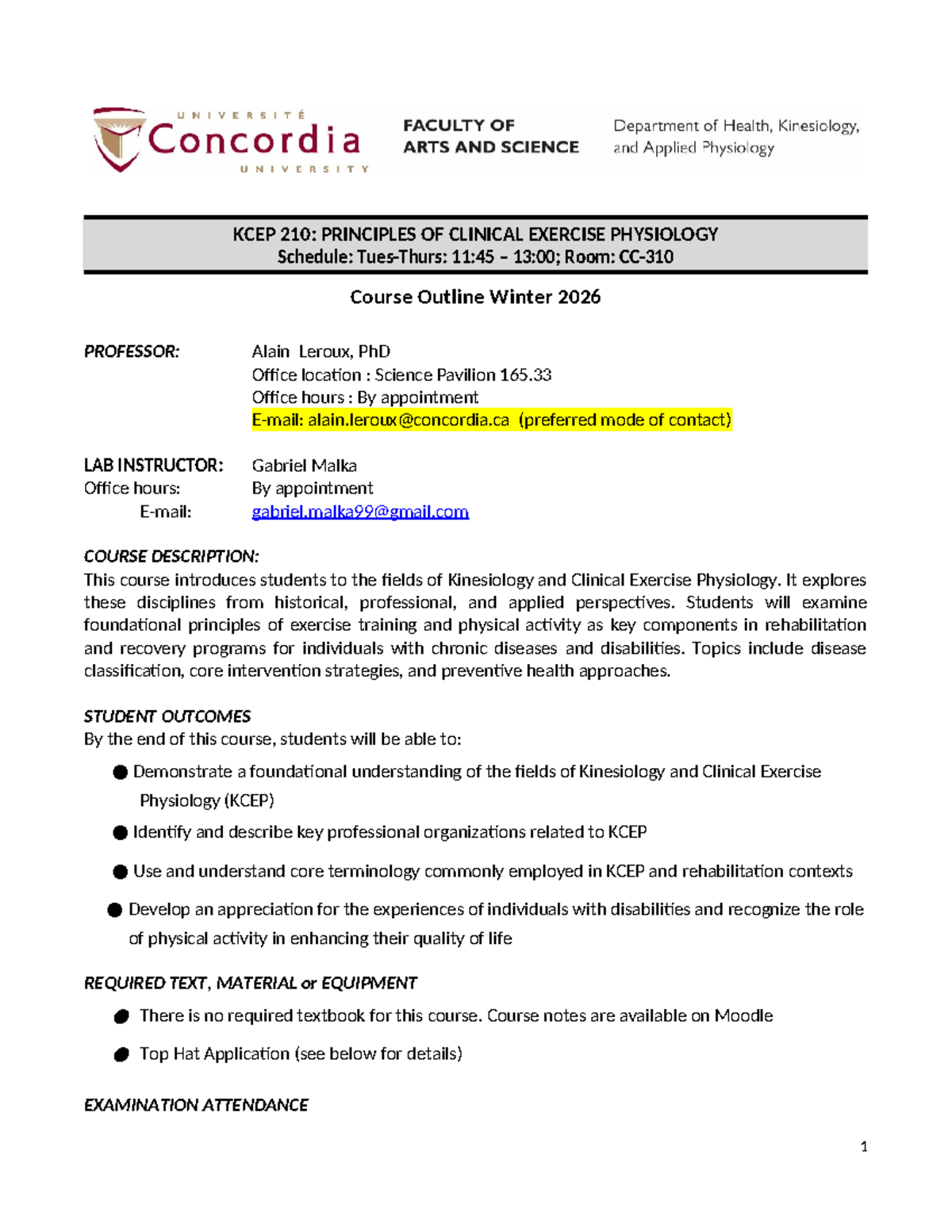 KCEP 210: Principles of Clinical Exercise Physiology Course Outline ...