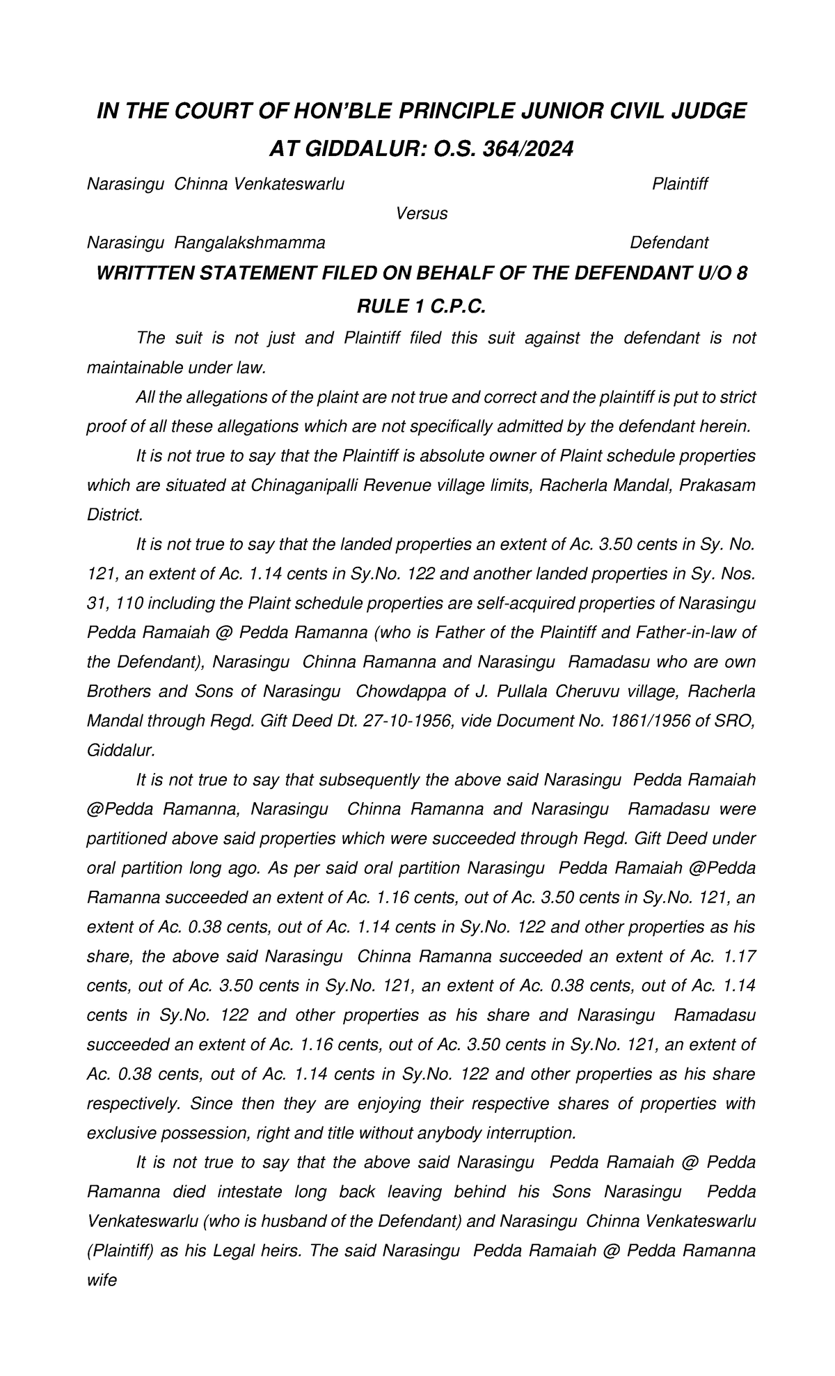 O.S. 364-2024 W.S. - Defendant's Statement in Civil Suit at Giddalur ...
