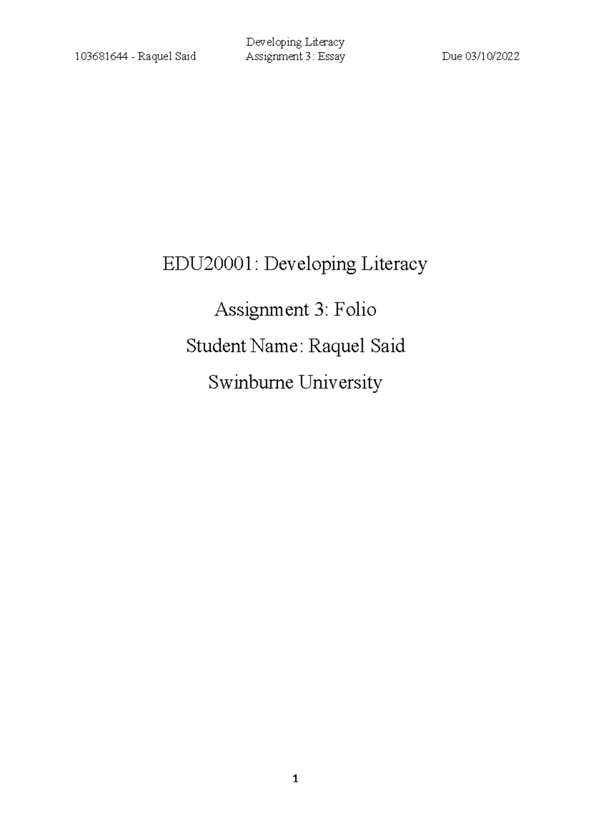 EDU20001 Assignment 2 - Early Reading Development Portfolio - Studocu