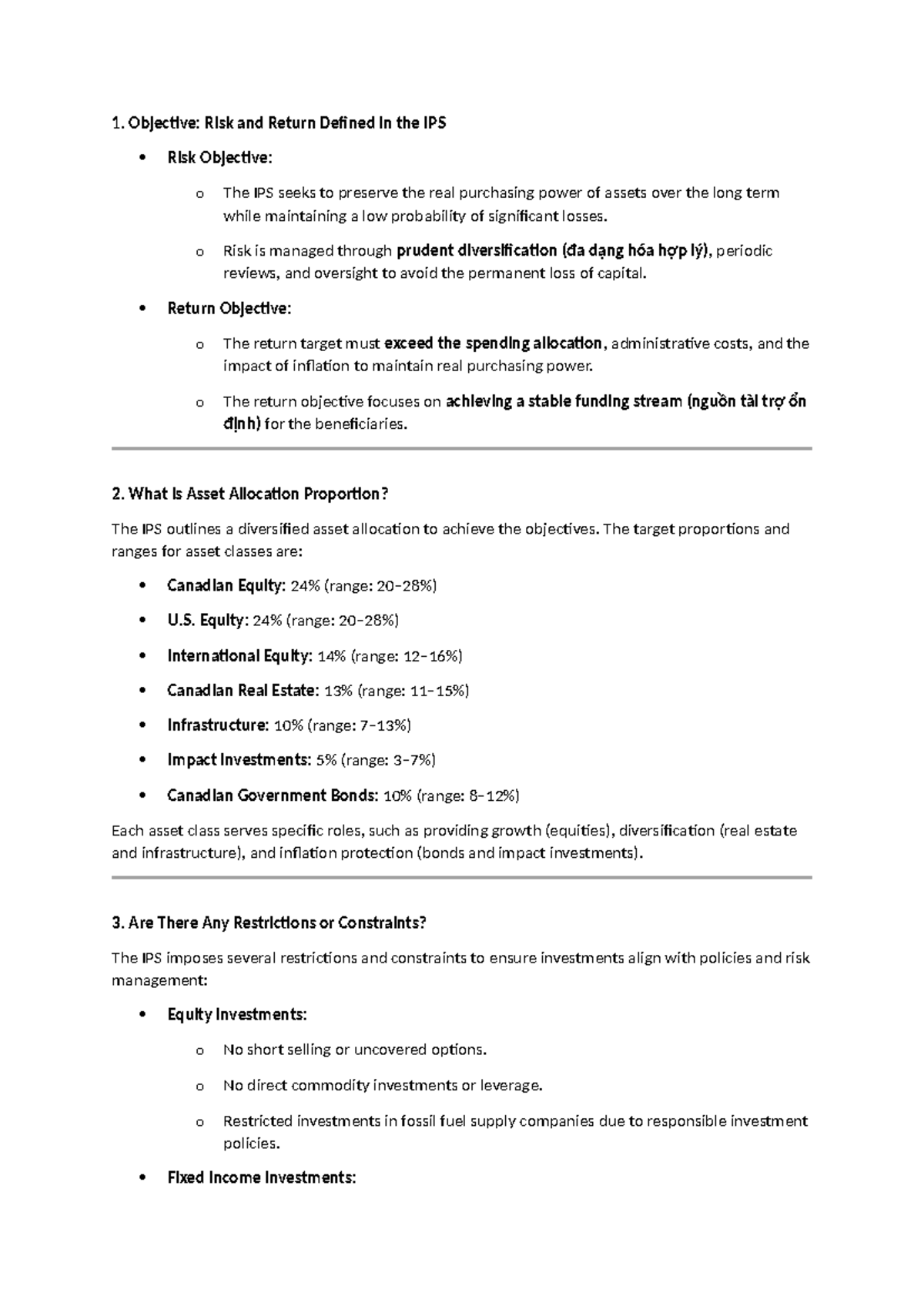 IPS Risk and Return Objectives and Asset Allocation Overview - Studocu