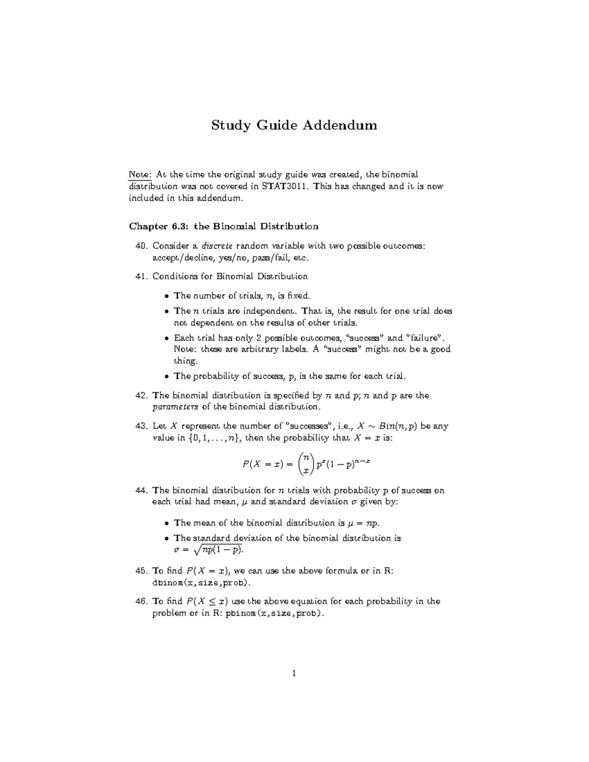STAT3011 Study Guide Addendum: Understanding Binomial Distribution ...