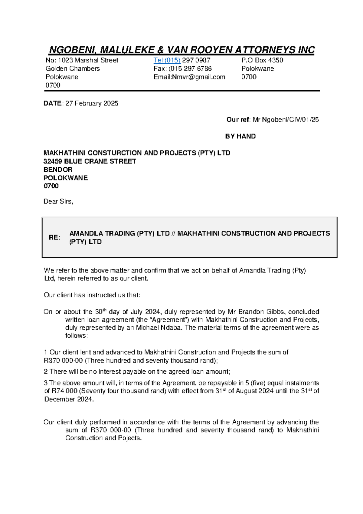 Letter of Demand Example for Amandla Trading (PTY) LTD - 2025 - Studocu