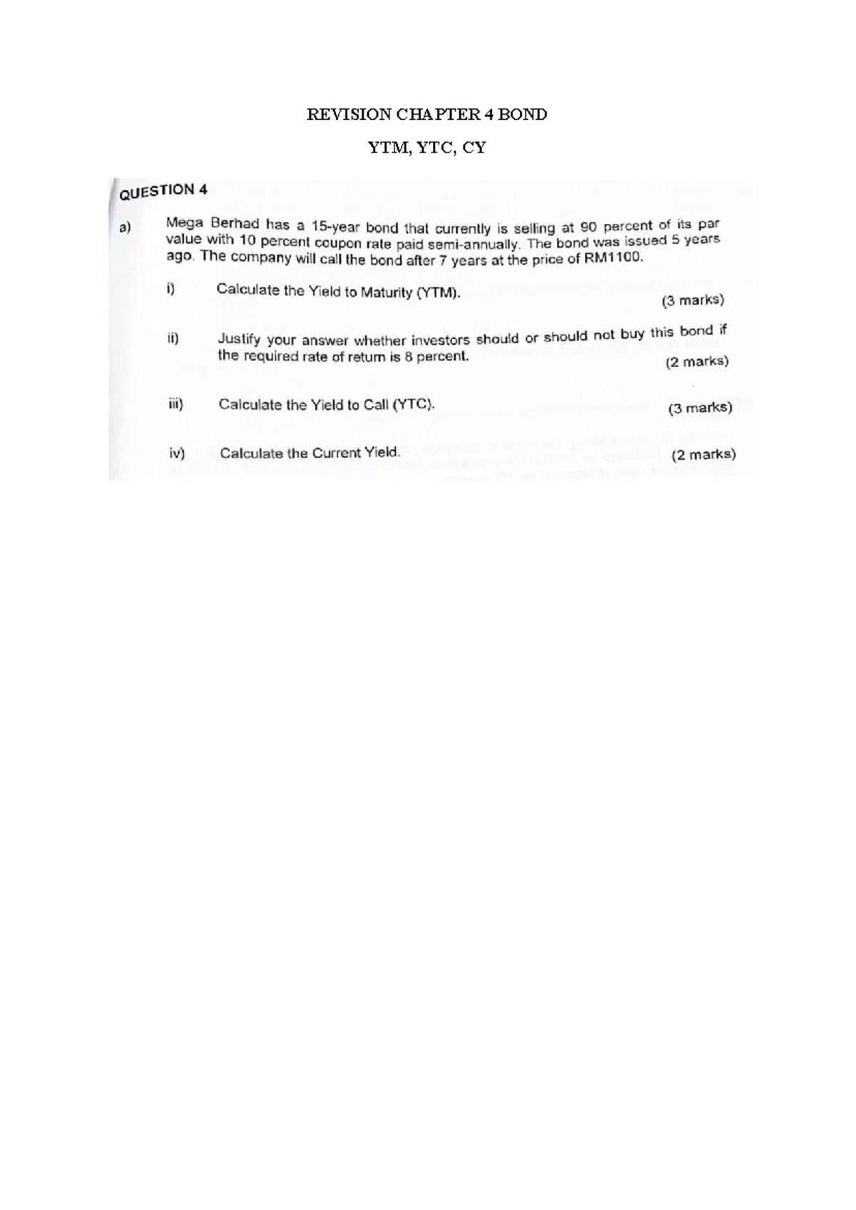 Revision of Chapter 4: Bond YTM, YTC, and CY Calculations - Studocu