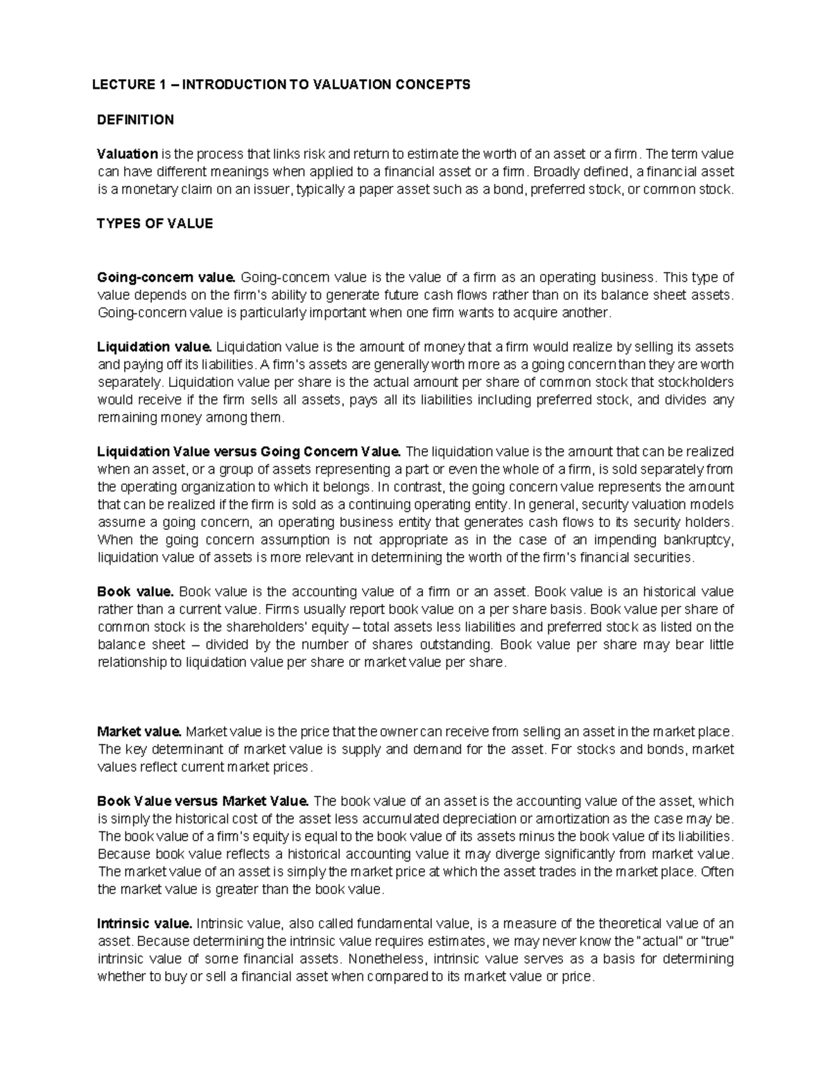 Valuation Concepts and Methods - LEC 1: Intro to Valuation Principles -  Studocu