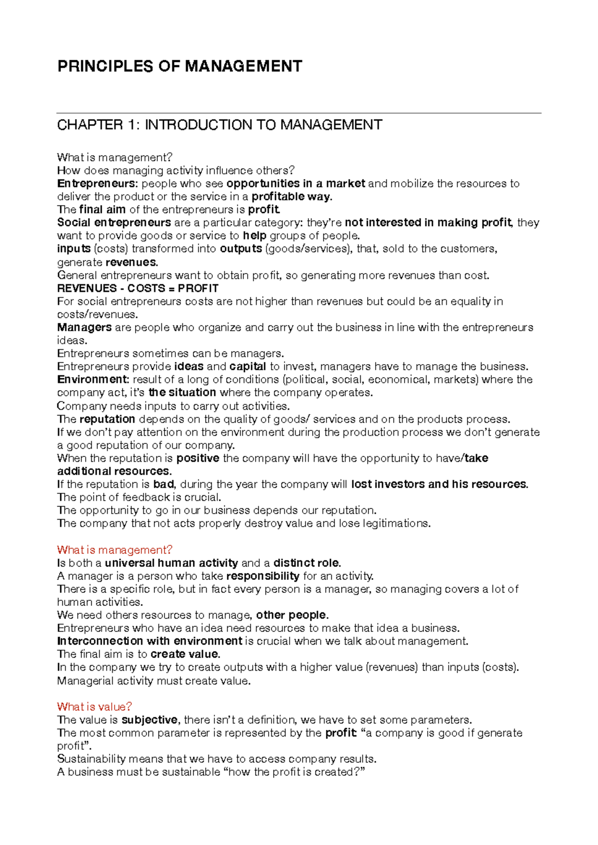 Principles of Management (MGT101) Chapters 1-4 & Case Study Overview ...