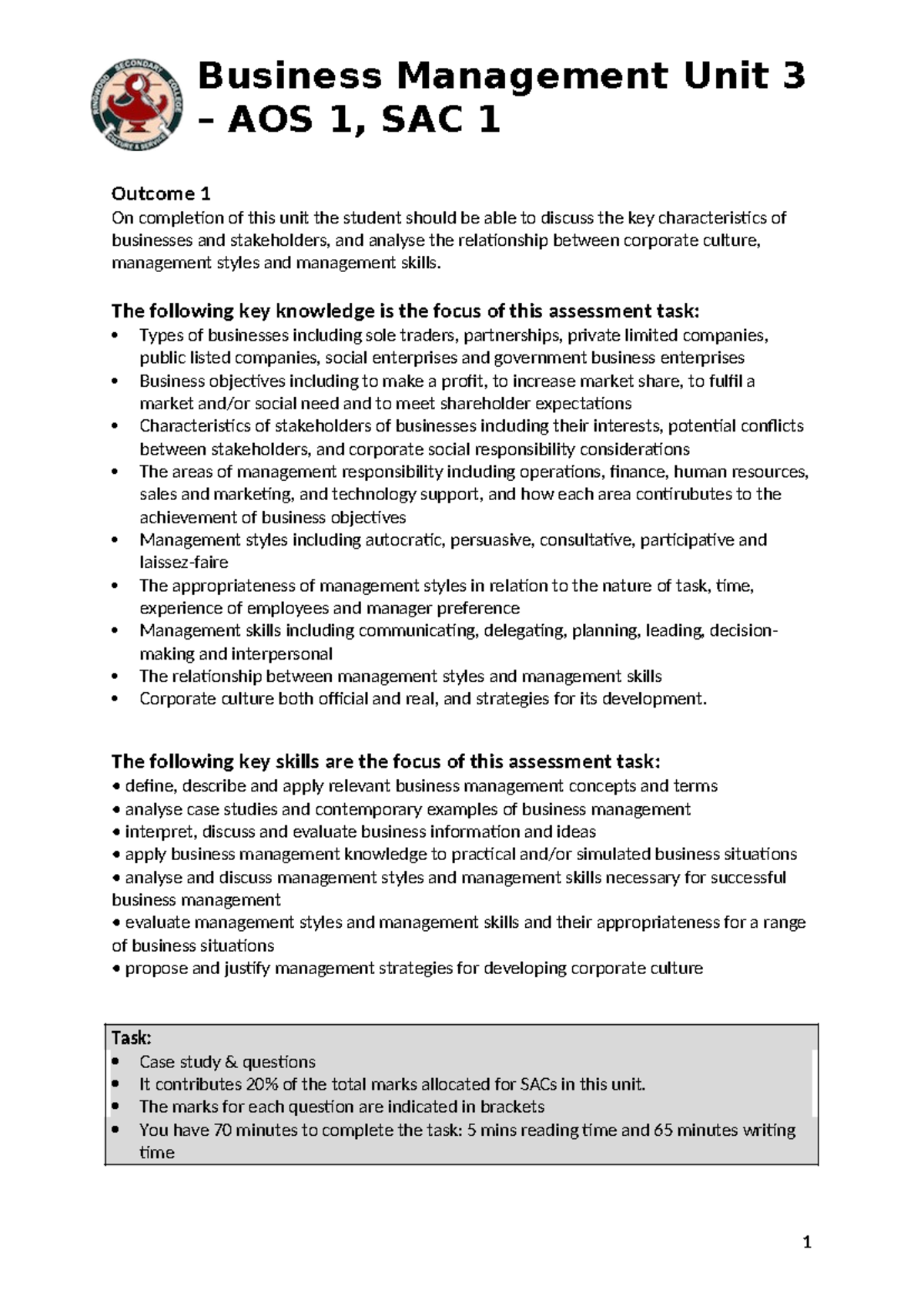 BM U3 AOS 1 SAC 2017 - N/A - Business Management Unit 3 – AOS 1, SAC 1 ...