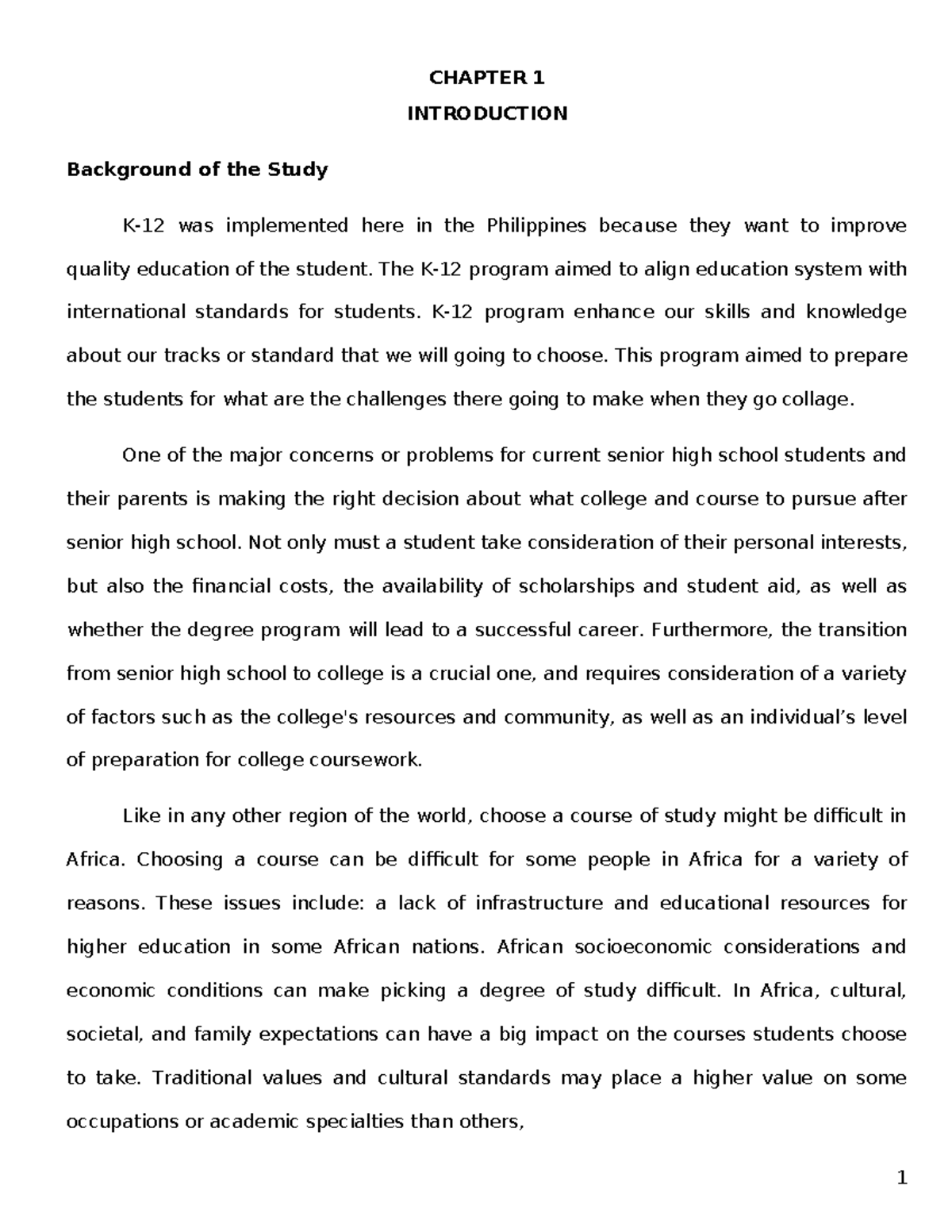 CHAPTER 1: INTRODUCTION - Challenges in Choosing College Courses - Studocu